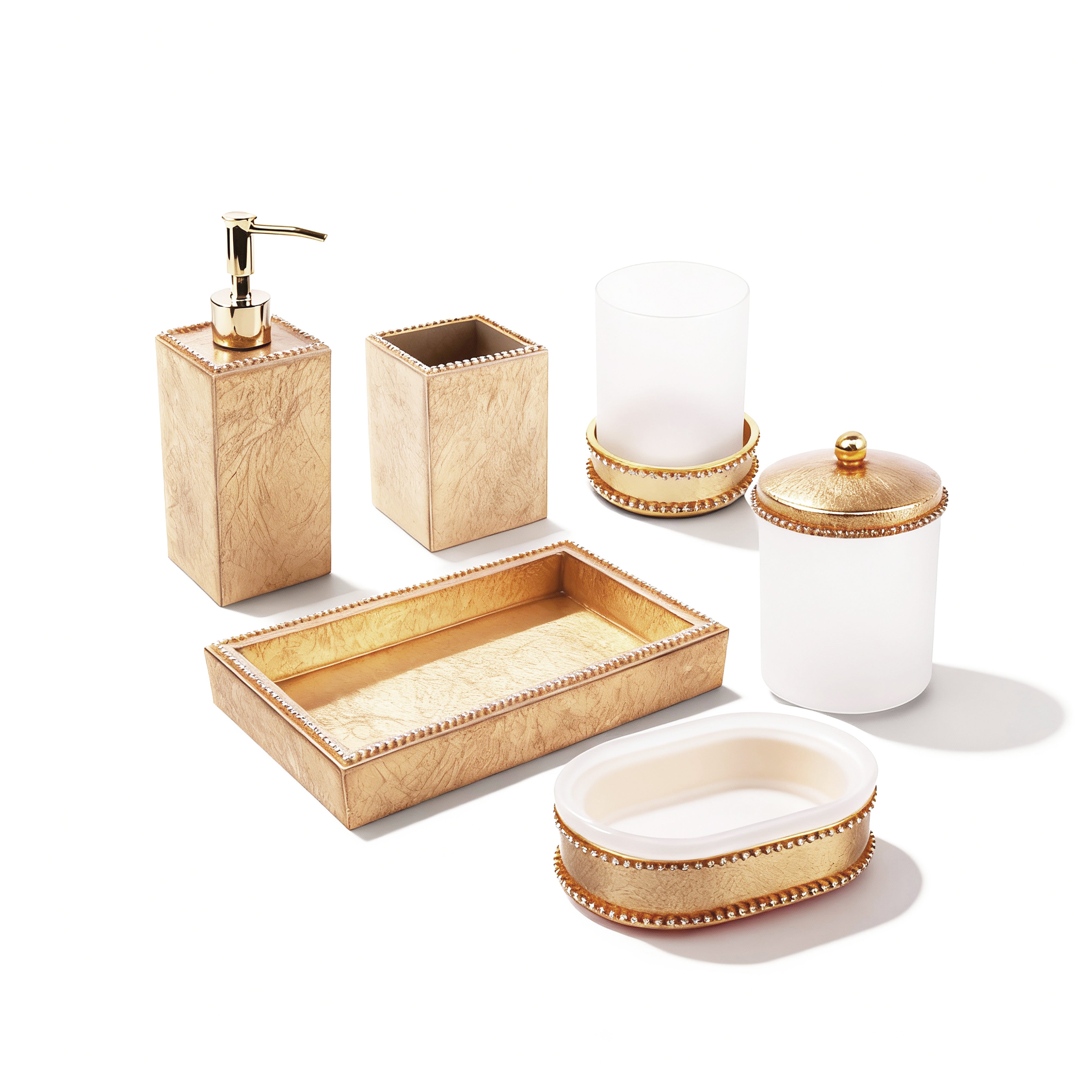 Mike + Ally. A Set of Brown Bathroom Accessories Studded With Crystals.