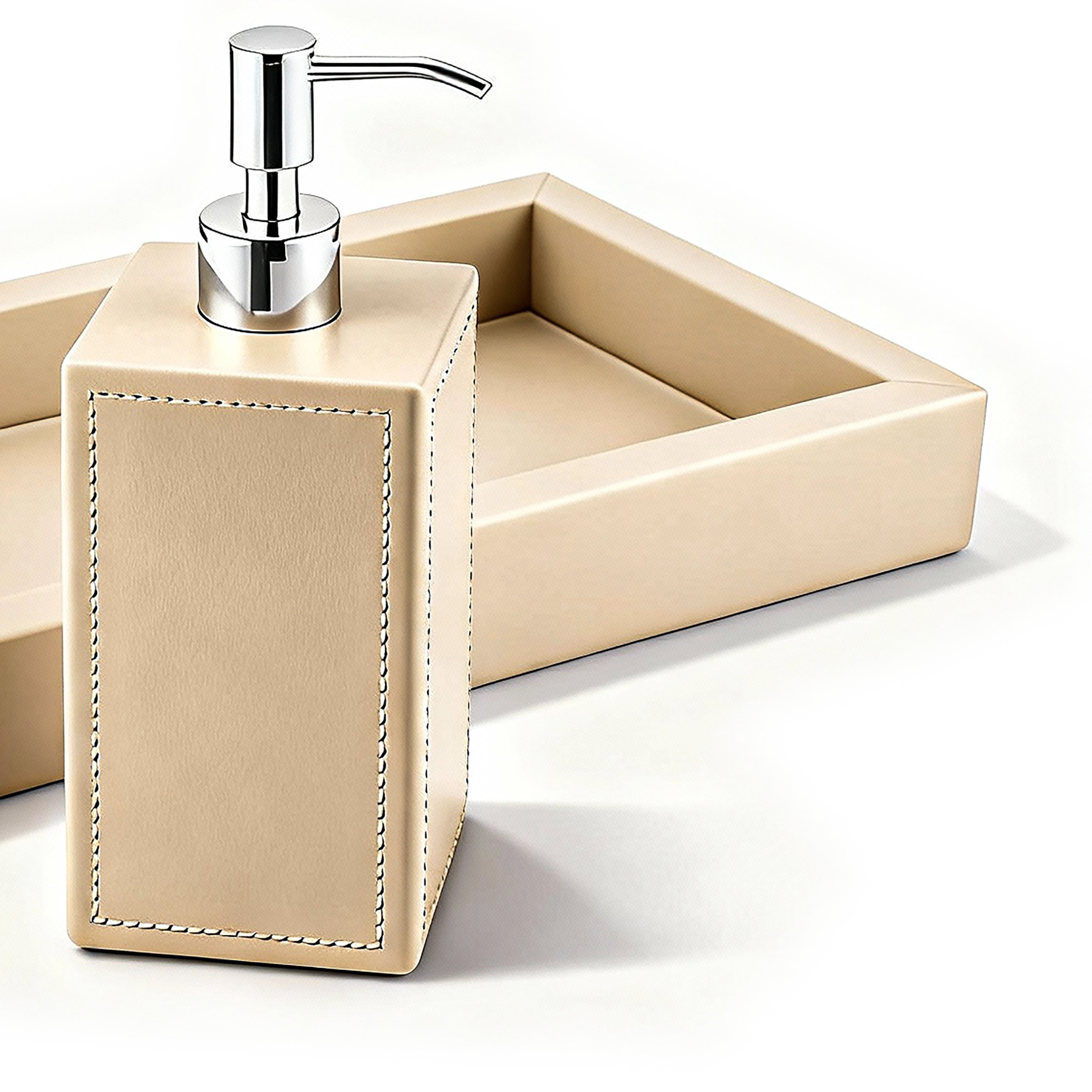 Mike + Ally. A set of Leather Towel Tray & Soap dispenser