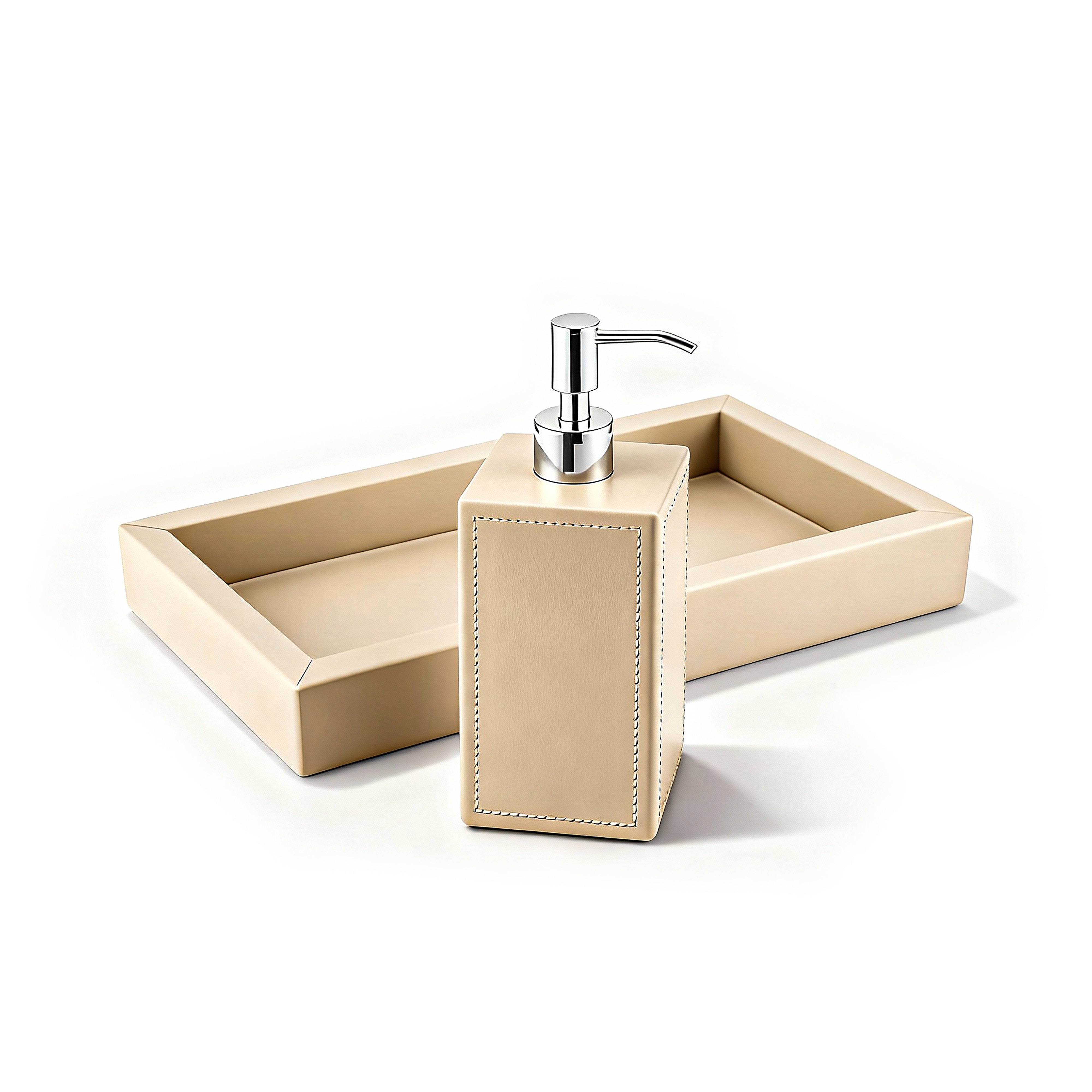 Mike + Ally. A set of Leather Towel Tray & Soap dispenser