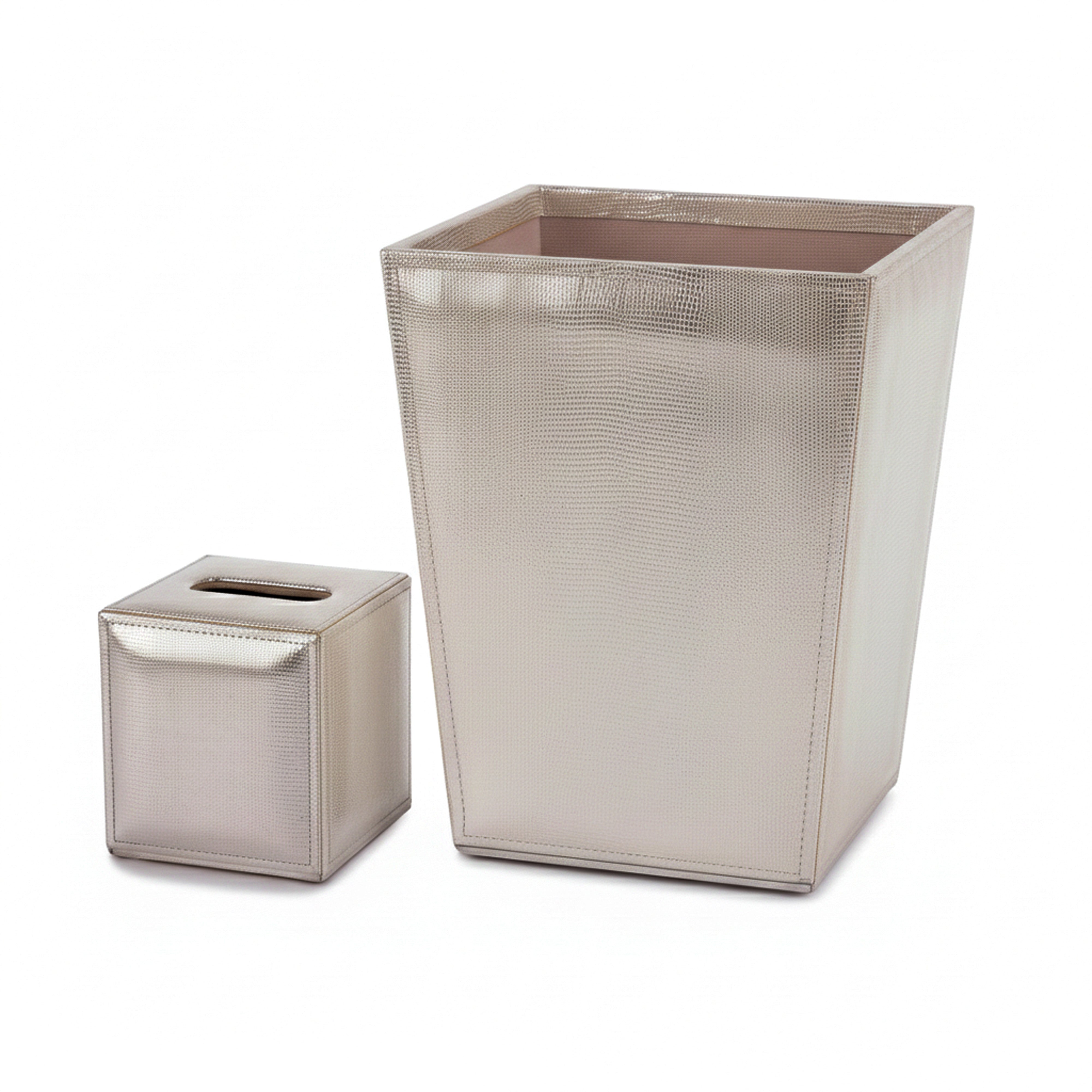 Mike + Ally. A set of Silver Leather Wastebasket & Tissue Box