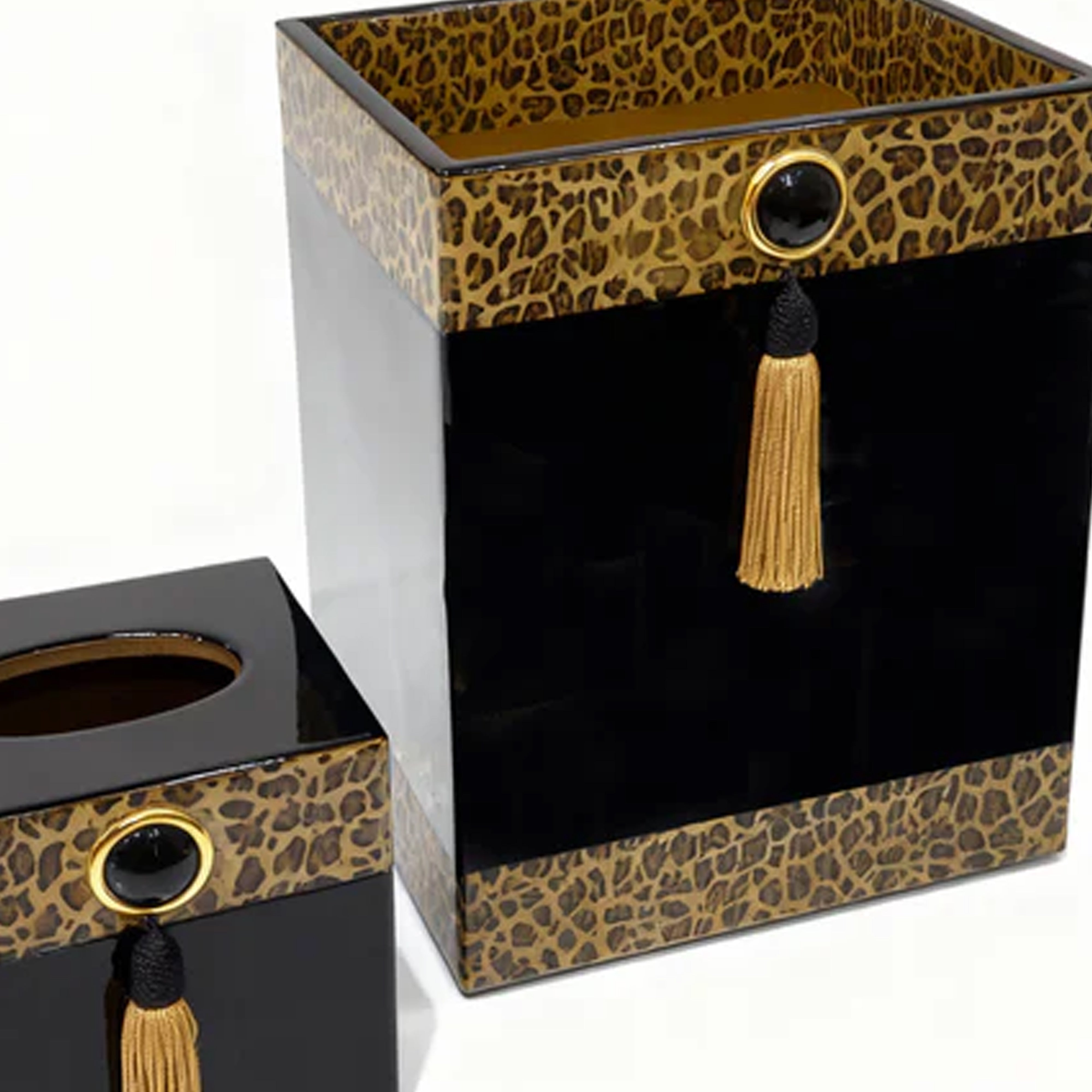 Mike + Ally. A Set of Wastebasket & Tissue Box in Leopard pattern