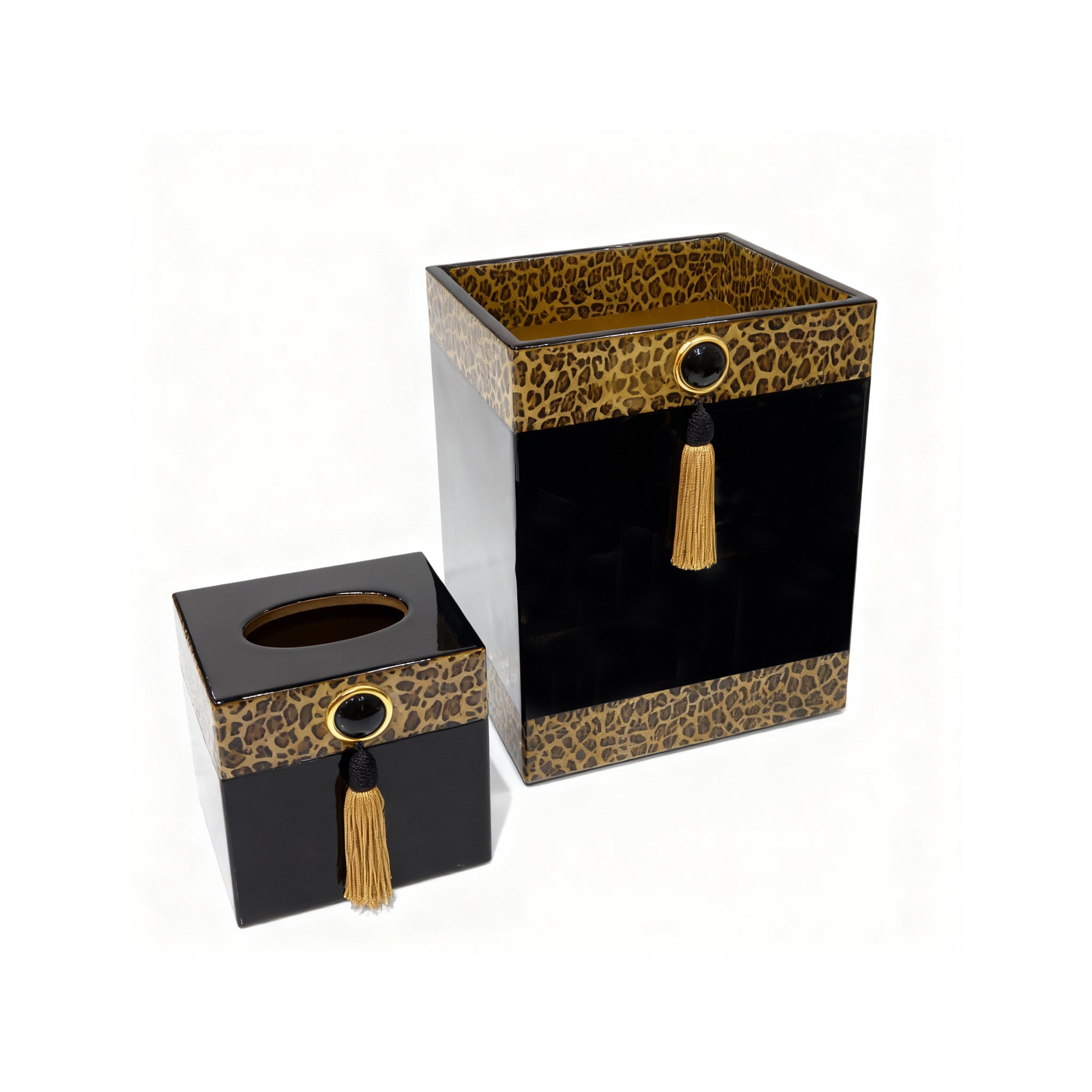 Mike + Ally. A Set of Wastebasket & Tissue Box in Leopard pattern