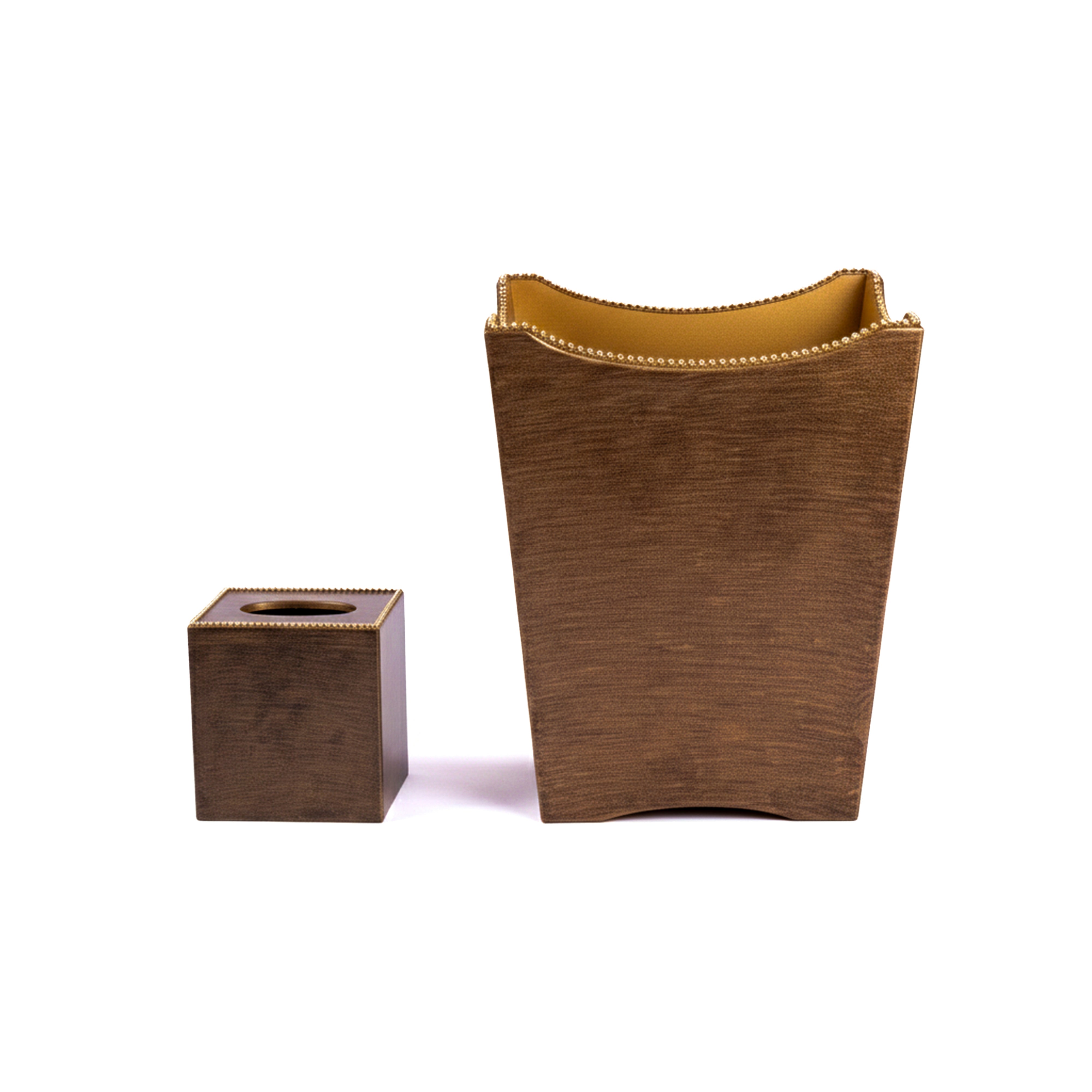 Mike + Ally. A Set of Brown Wastebasket & Tissue Box Studded With Crystals