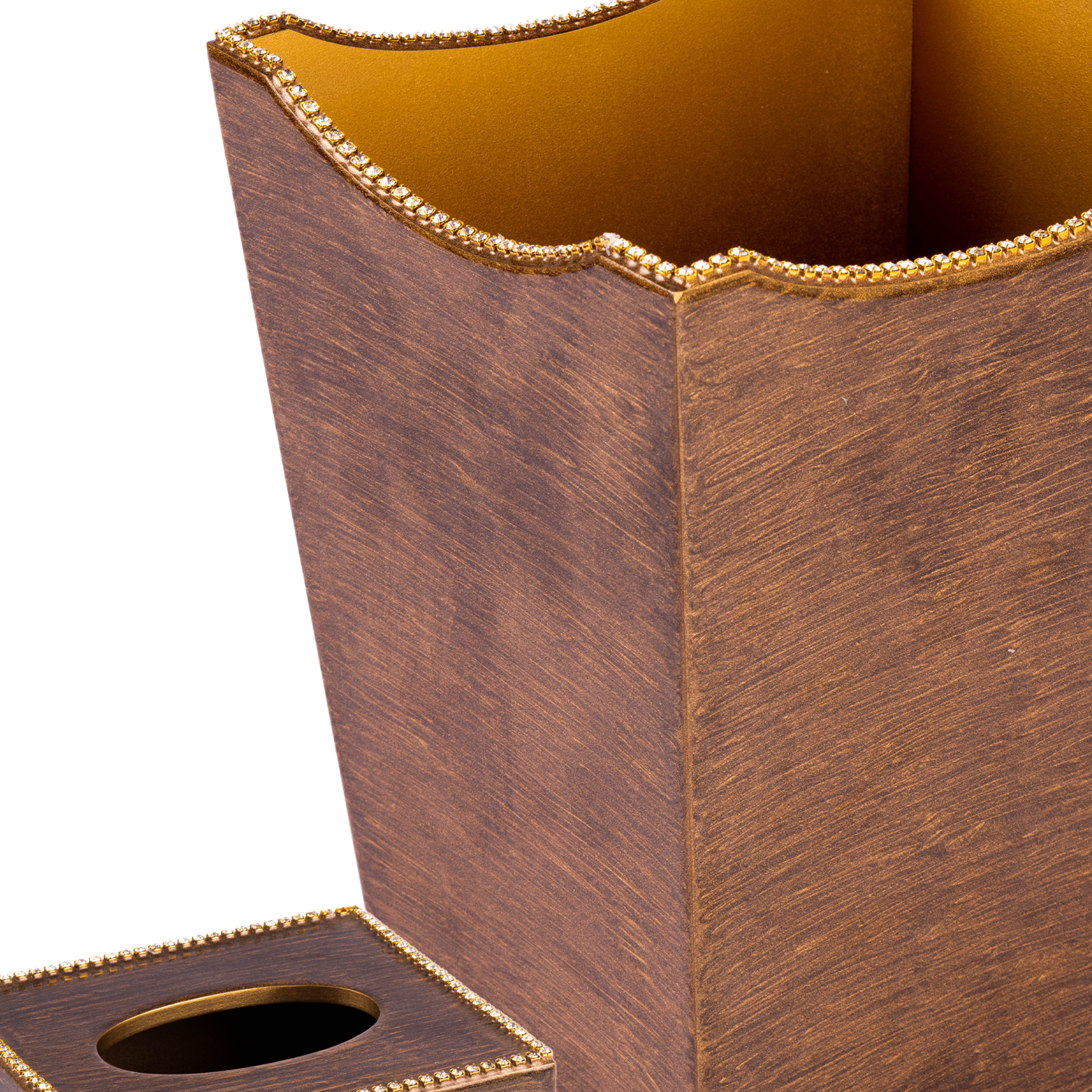 Mike + Ally. A Set of Brown Wastebasket & Tissue Box Studded With Crystals