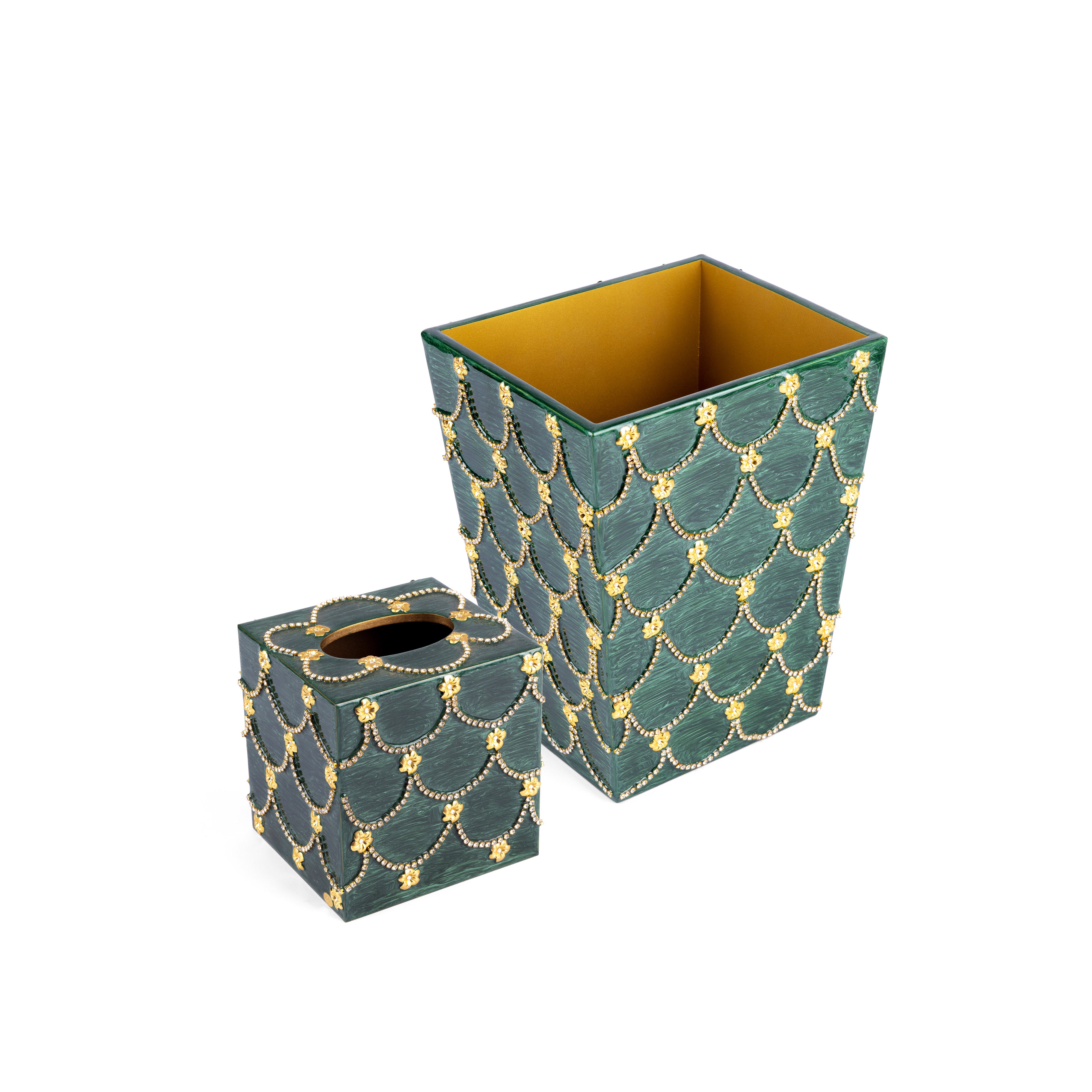 Mike + Ally. A Set of Green Wastebasket & Tissue Box with Austrian Crystals