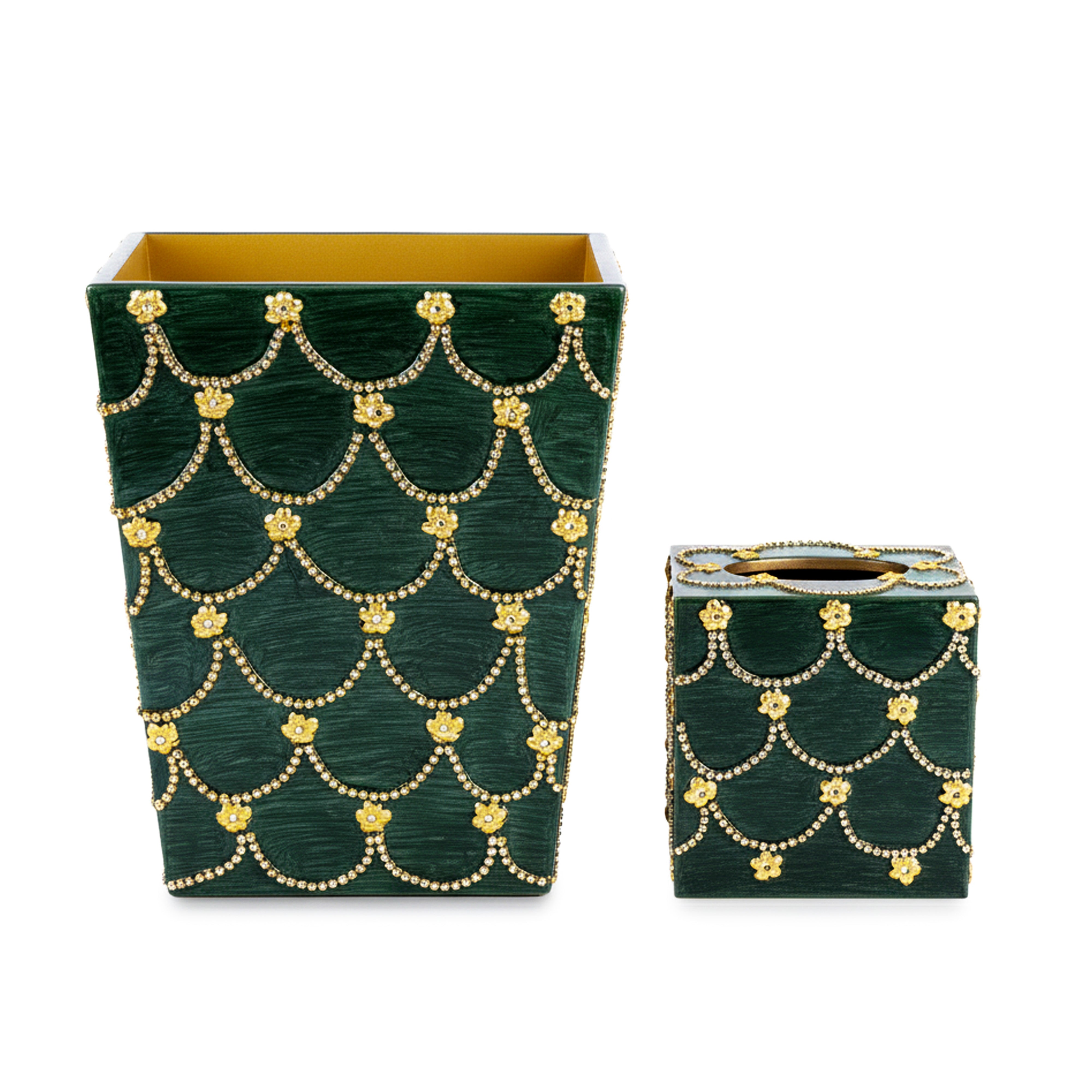 Mike + Ally. A Set of Green Wastebasket & Tissue Box with Austrian Crystals