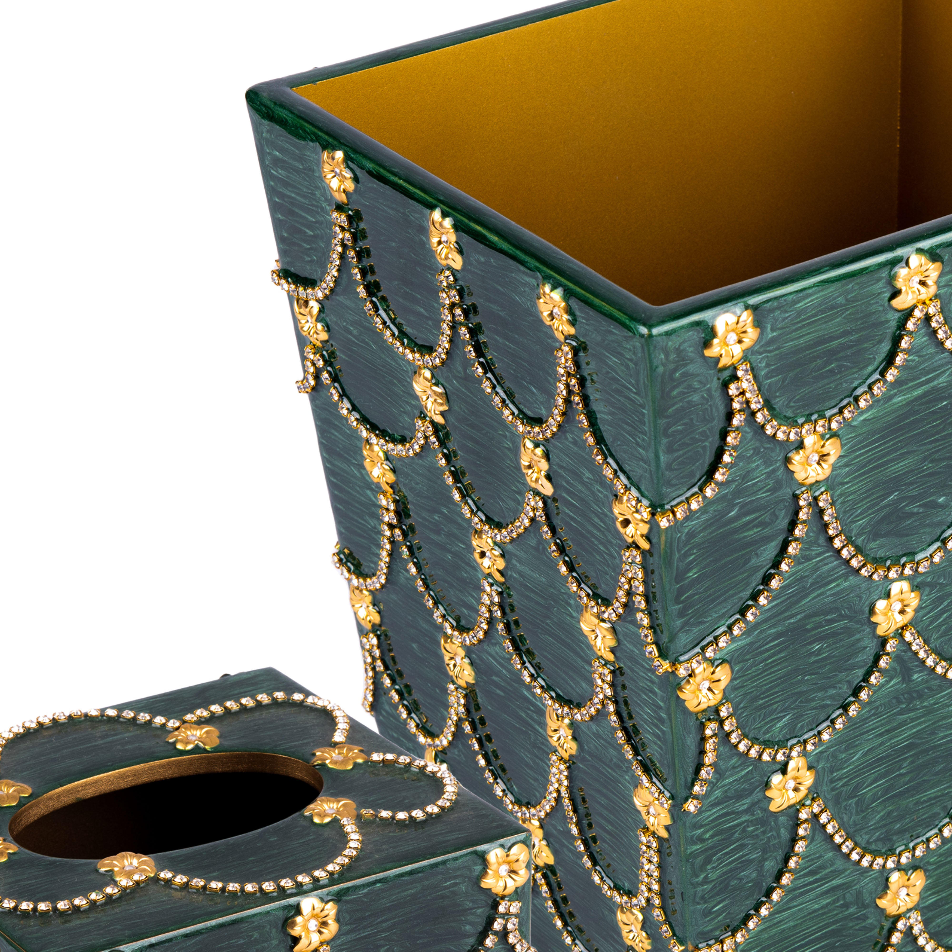 Mike + Ally. A Set of Green Wastebasket & Tissue Box with Austrian Crystals