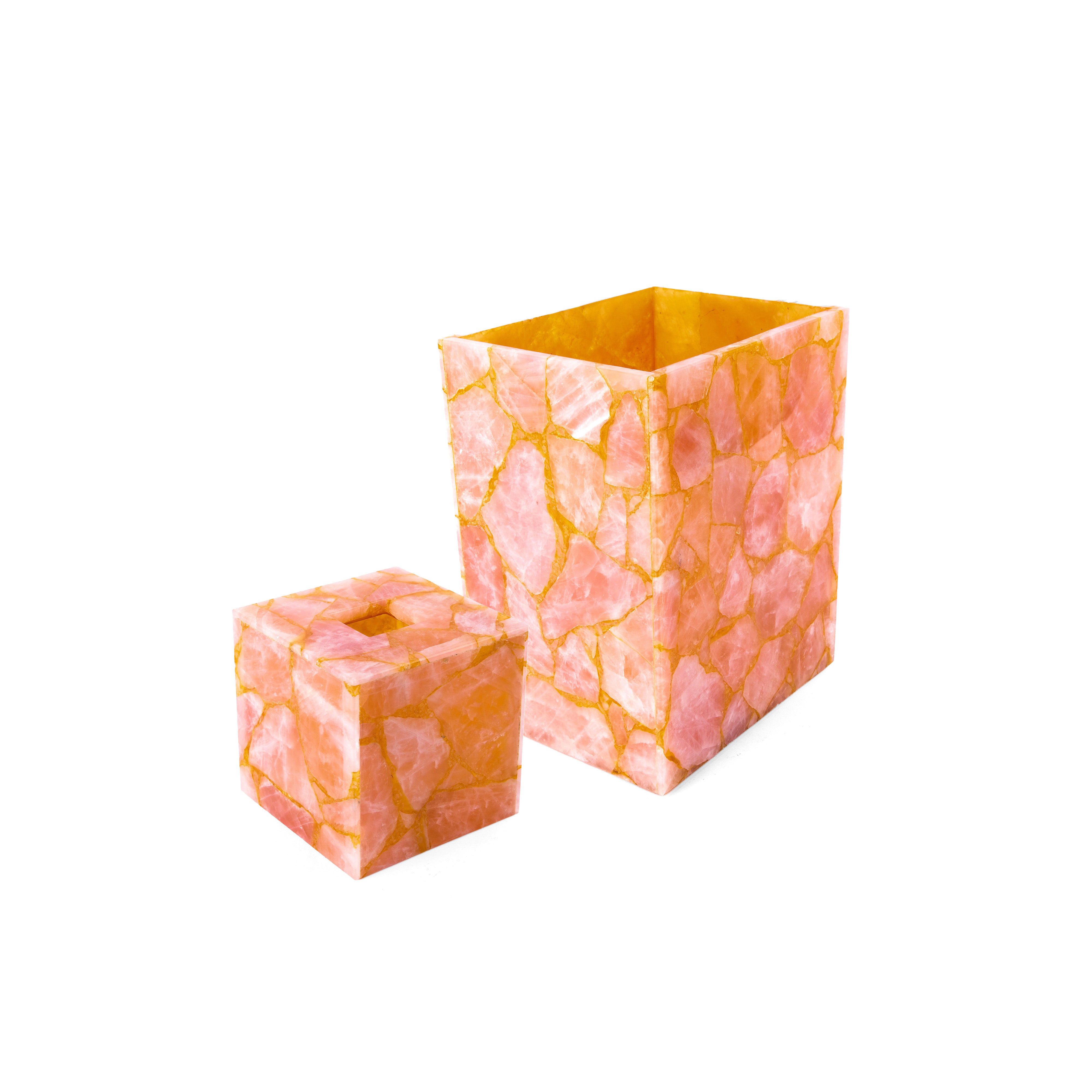 Mike + Ally. A Set of Peach Quartz Wastebasket & Tissue Box