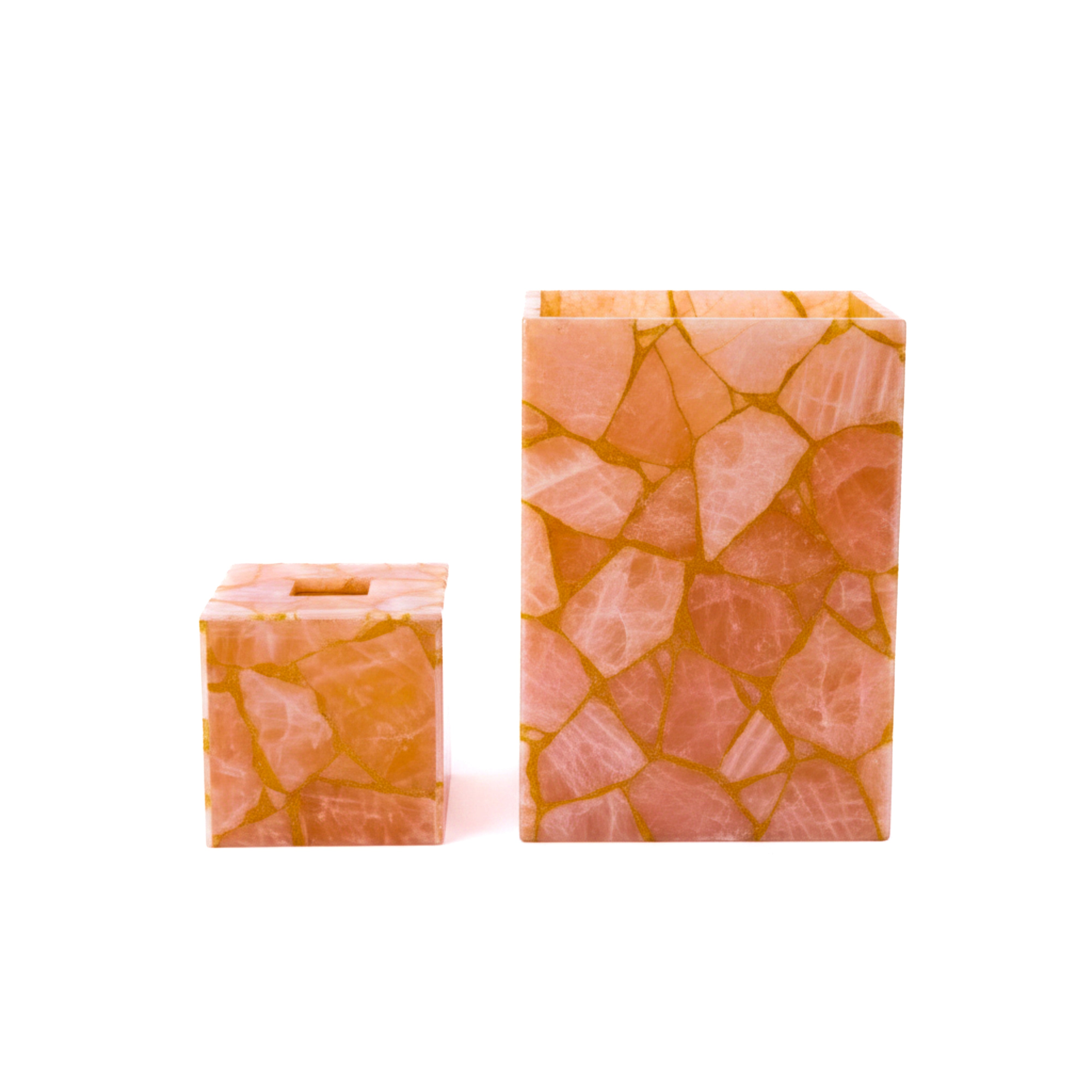 Mike + Ally. A Set of Peach Quartz Wastebasket & Tissue Box