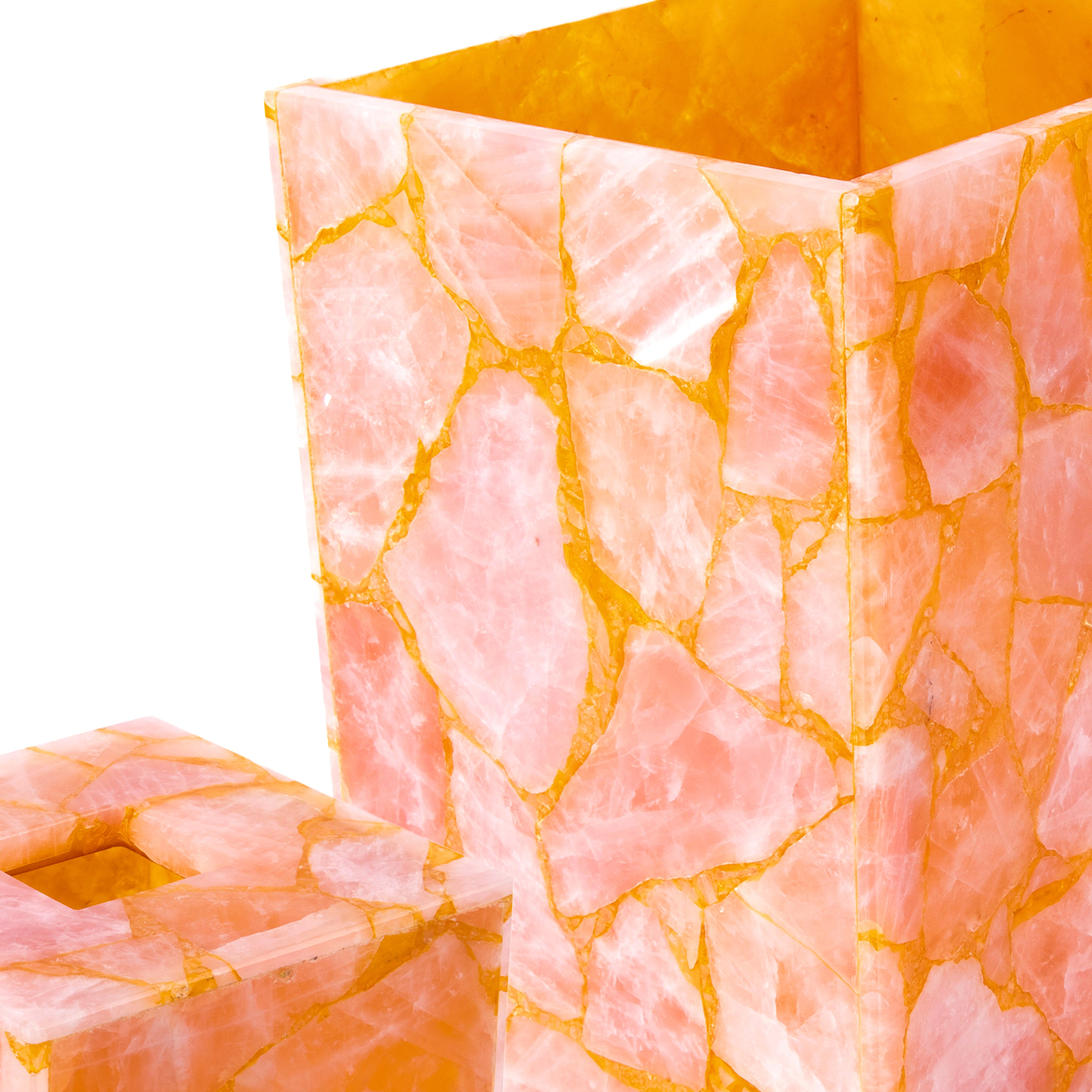 Mike + Ally. A Set of Peach Quartz Wastebasket & Tissue Box