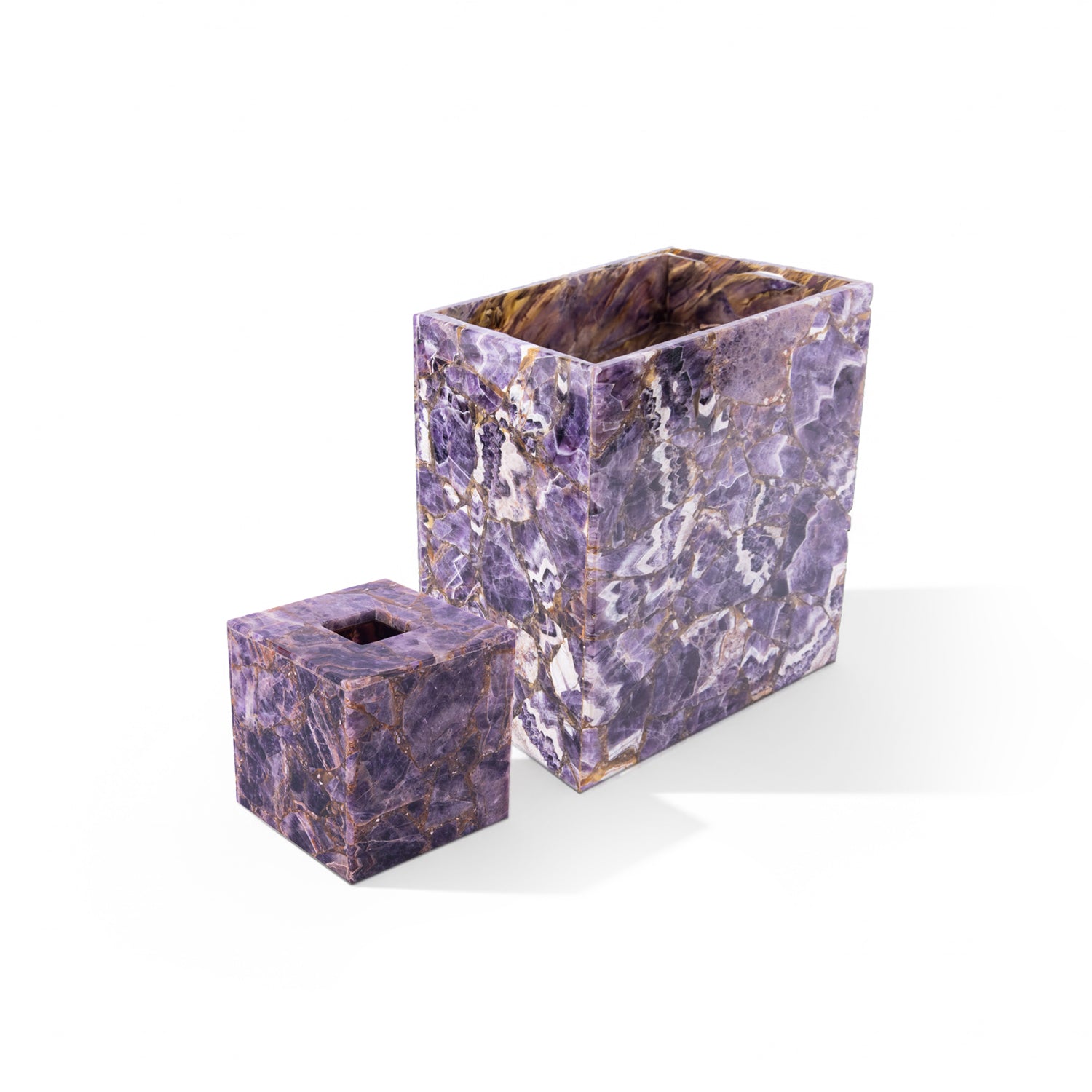 Mike + Ally. A Set of Purple Quartz Wastebasket & Tissue Box