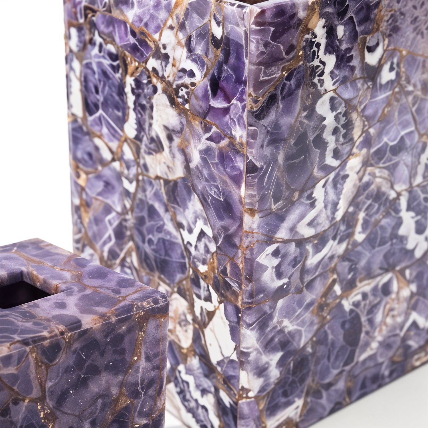 Mike + Ally. A Set of Purple Quartz Wastebasket & Tissue Box