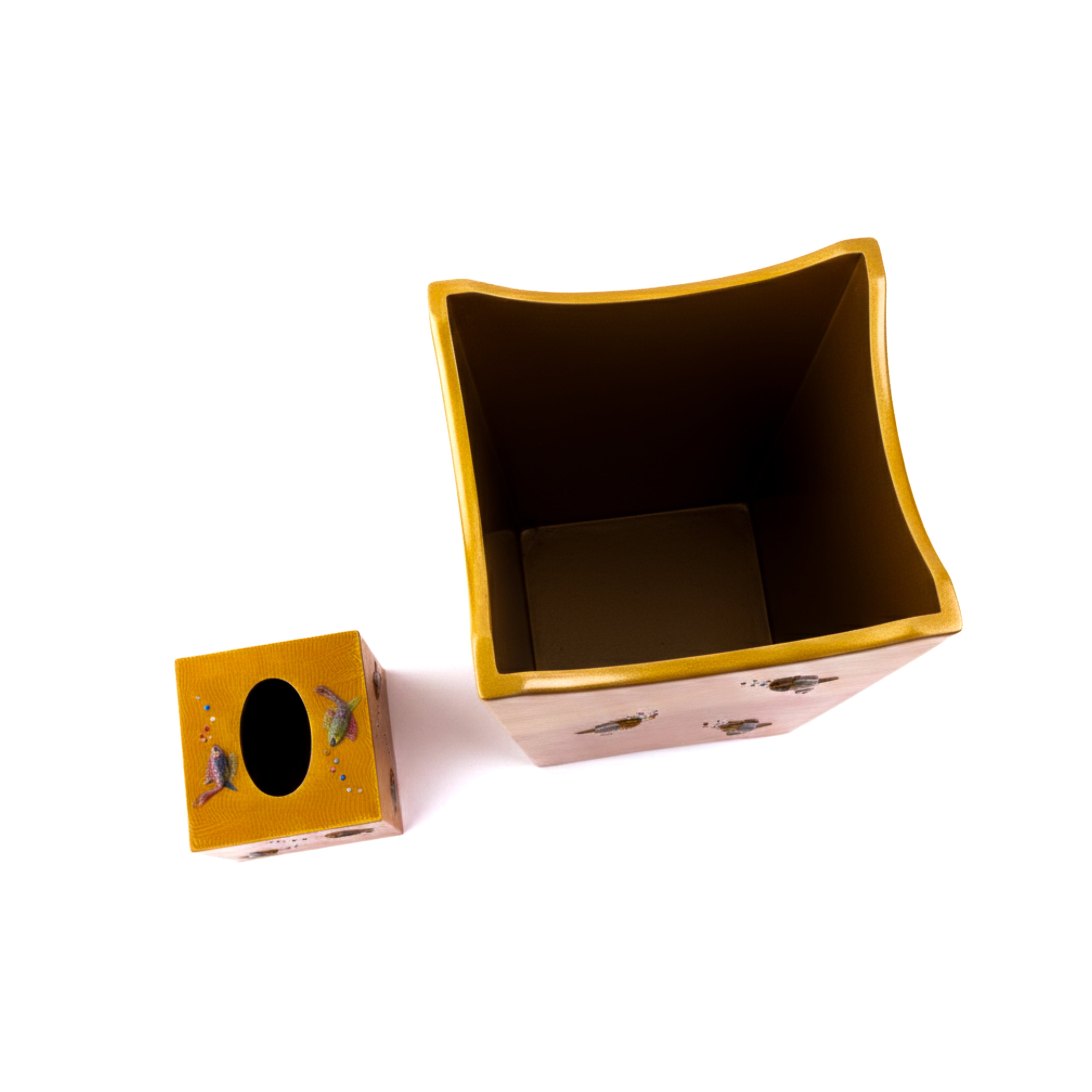 Mike + Ally. A set of Amber Wastebasket & Tissue Box