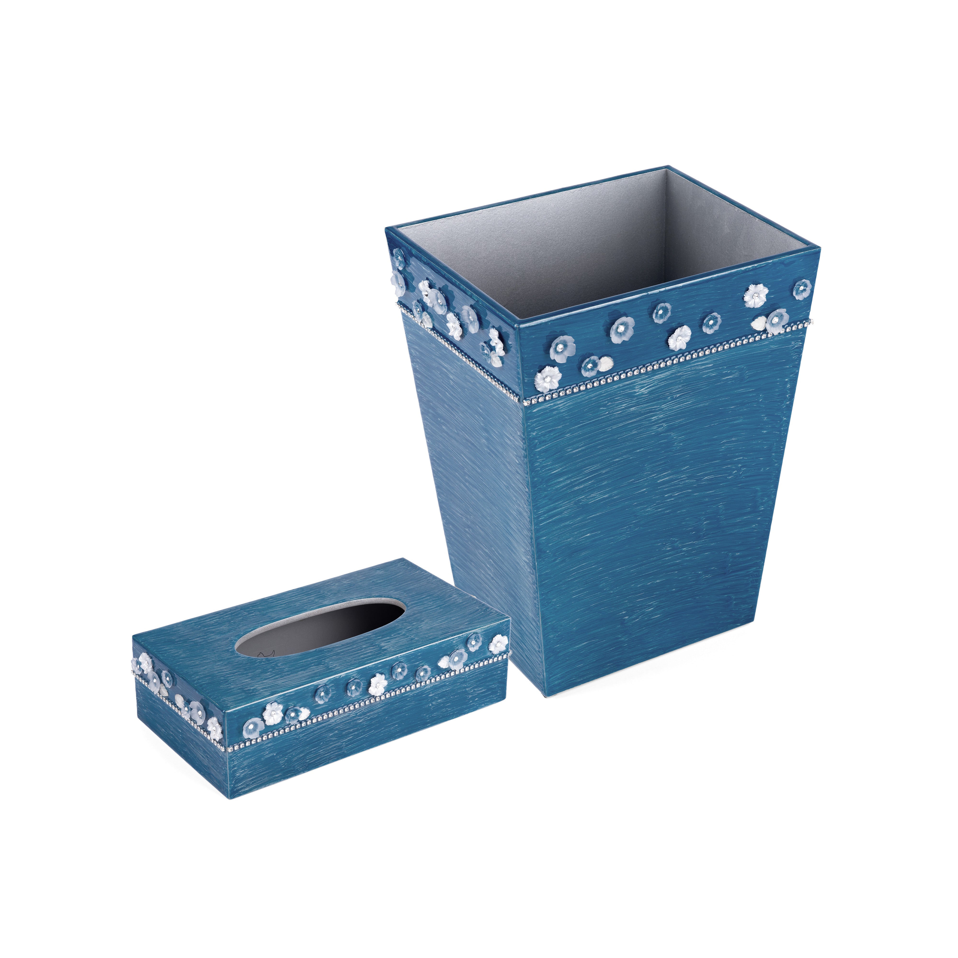 Mike + Ally. A Set of Blue Wastebasket & Tissue Box with Austrian Crystals