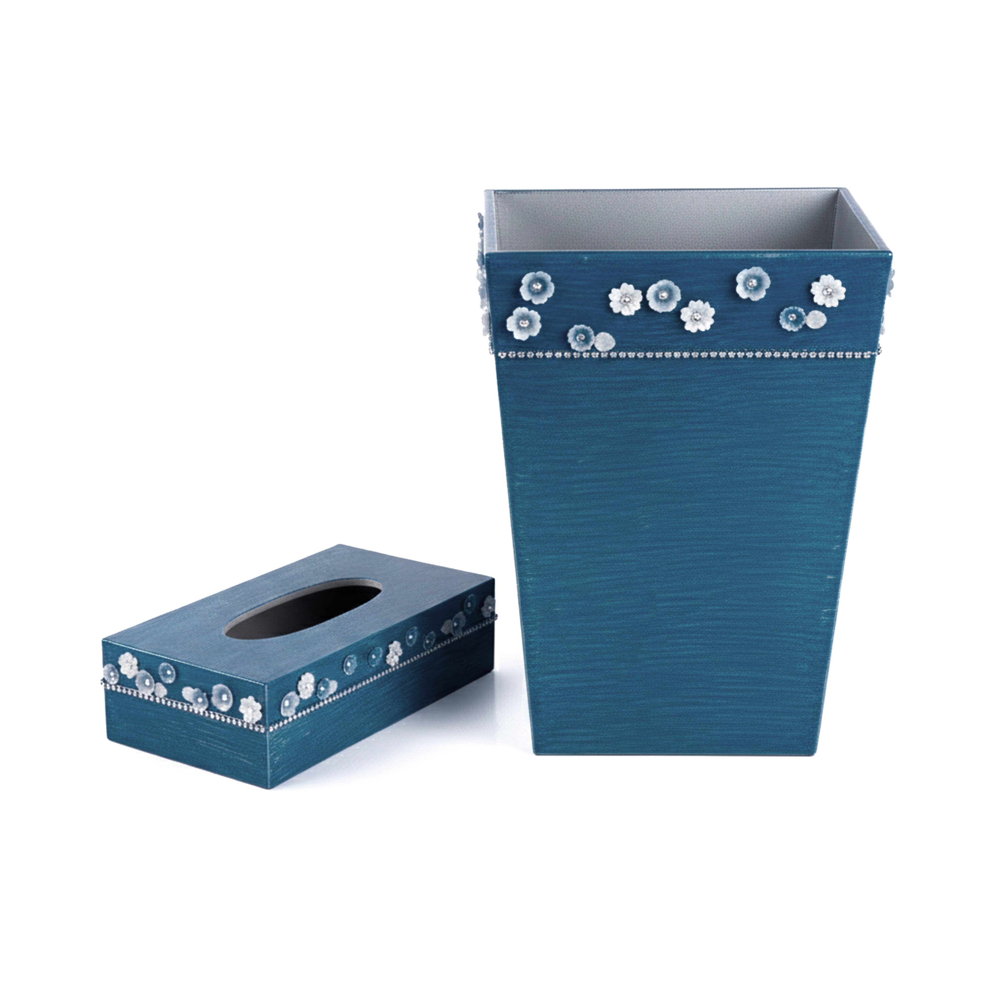 Mike + Ally. A Set of Blue Wastebasket & Tissue Box with Austrian Crystals