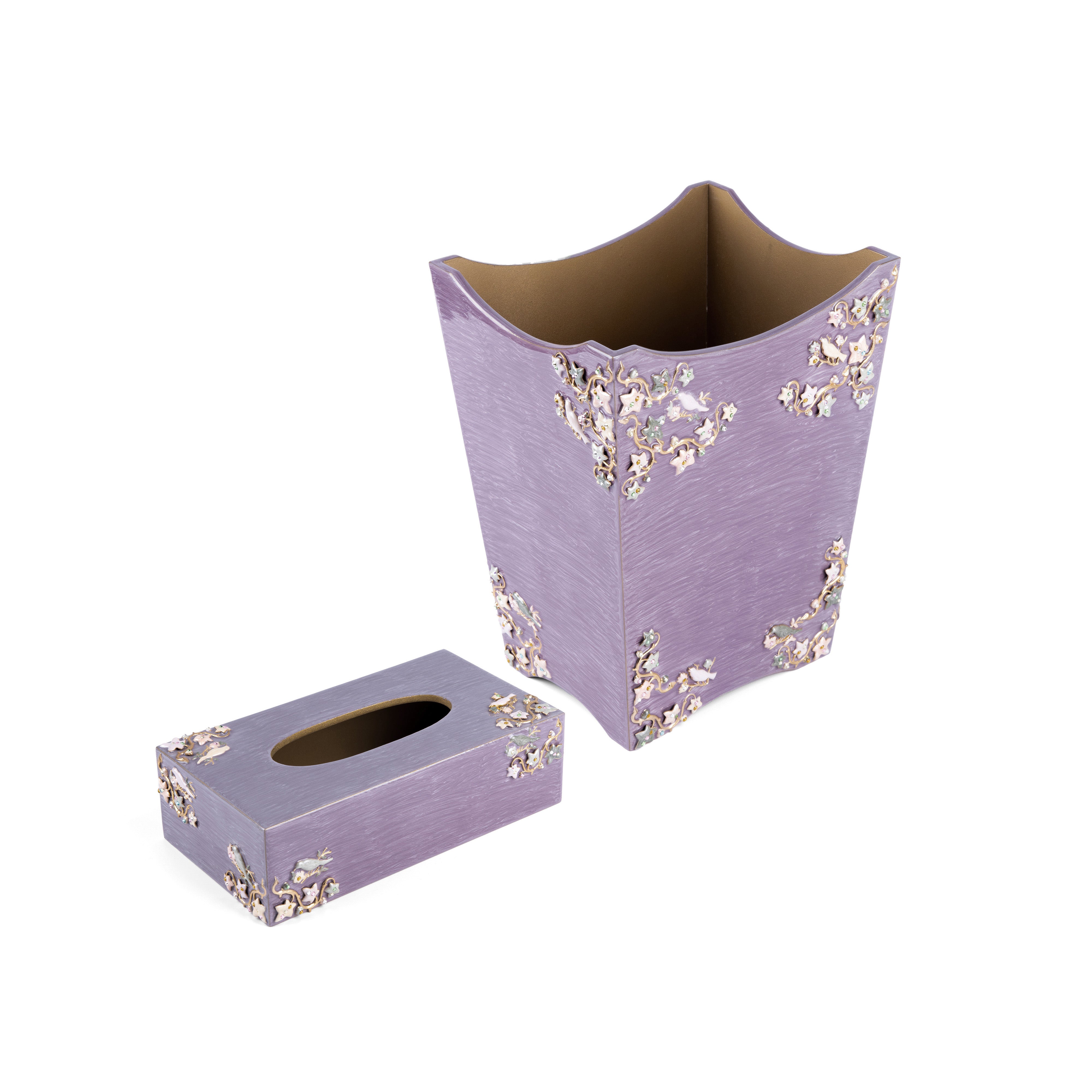 Mike + Ally. A Set of Purple Wastebasket & Tissue Box in Floral Design