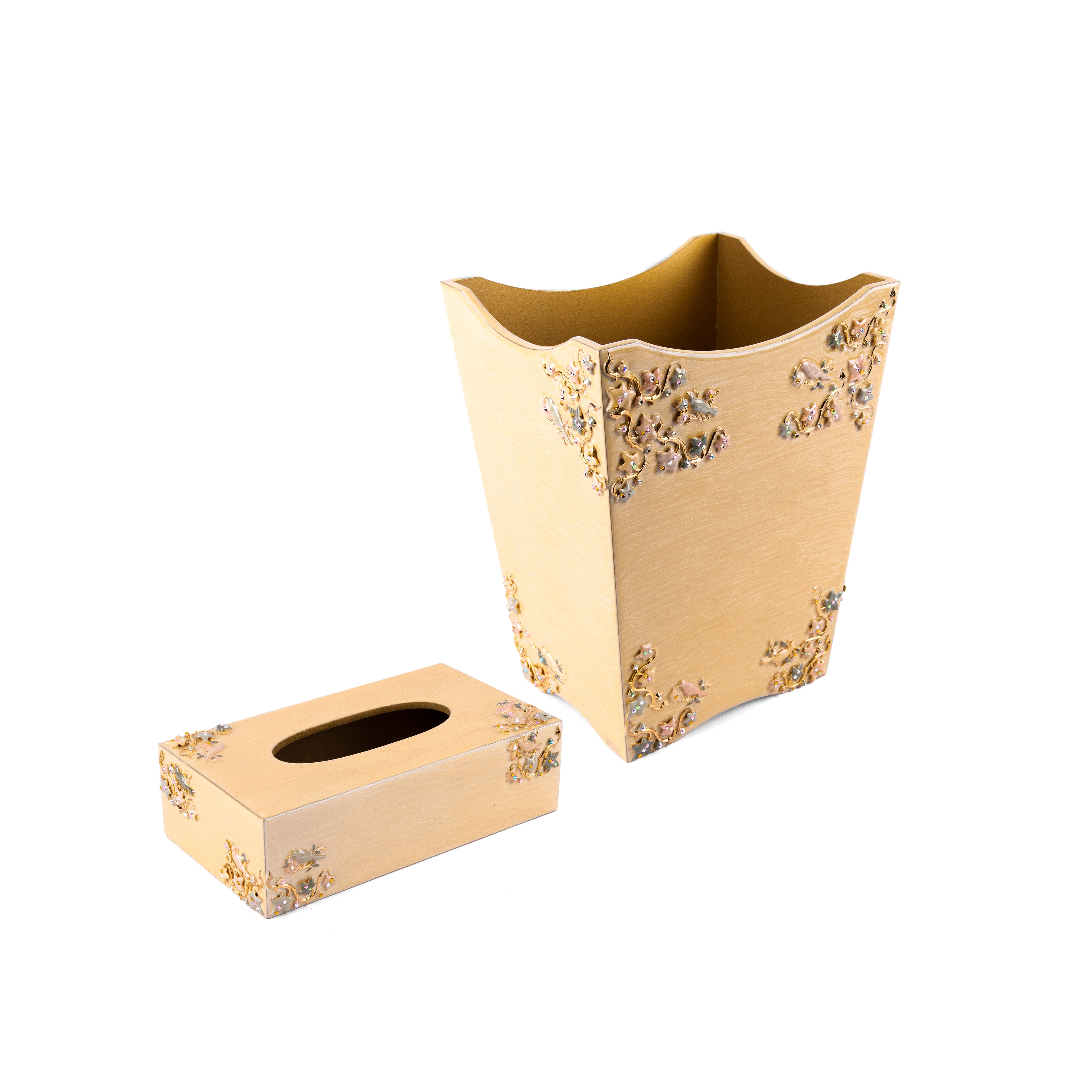 Mike + Ally. A Set of Yellow Wastebasket & Tissue Box in Floral Design