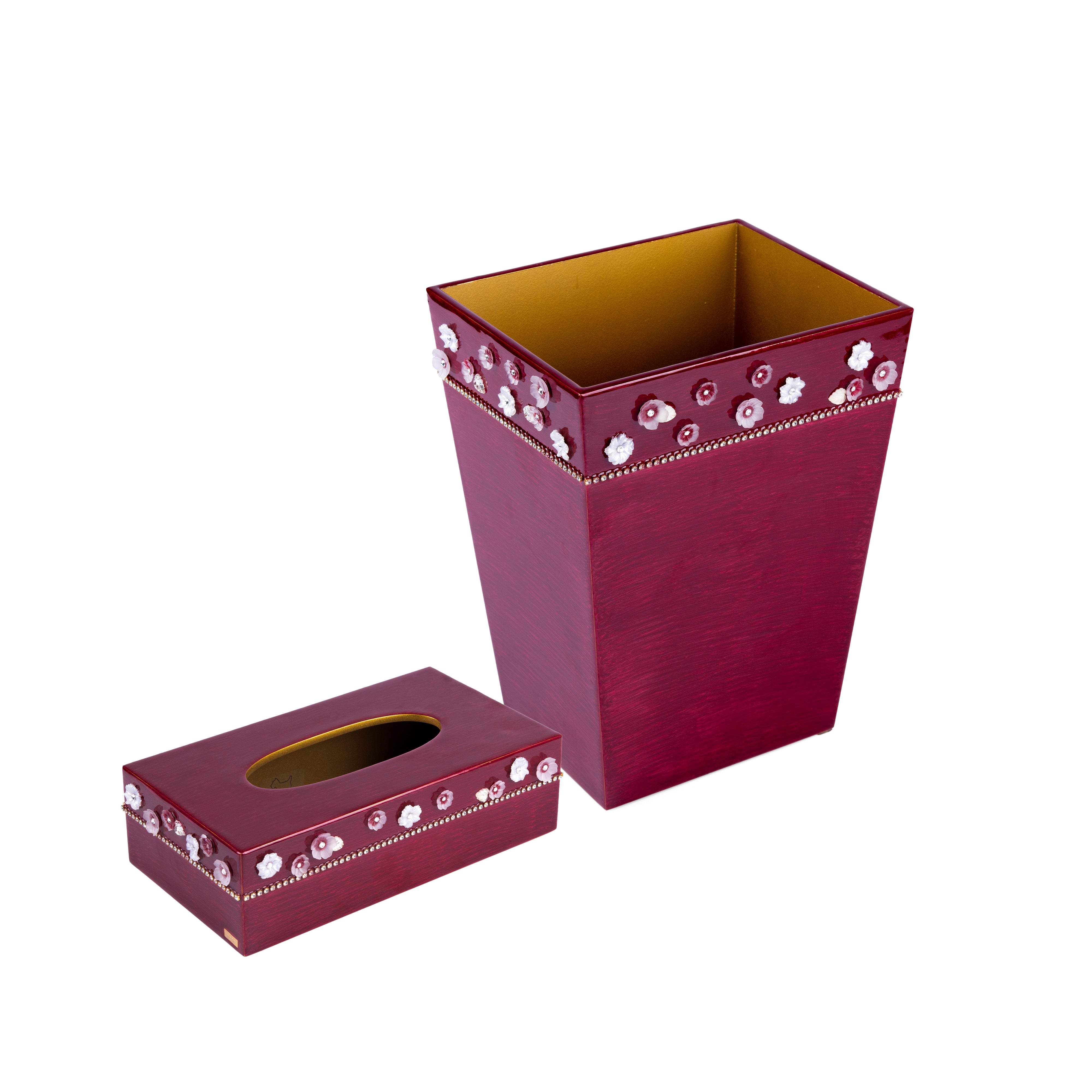 Mike + Ally. A Set of Burgundy Wastebasket & Tissue Box Designed with Flowers