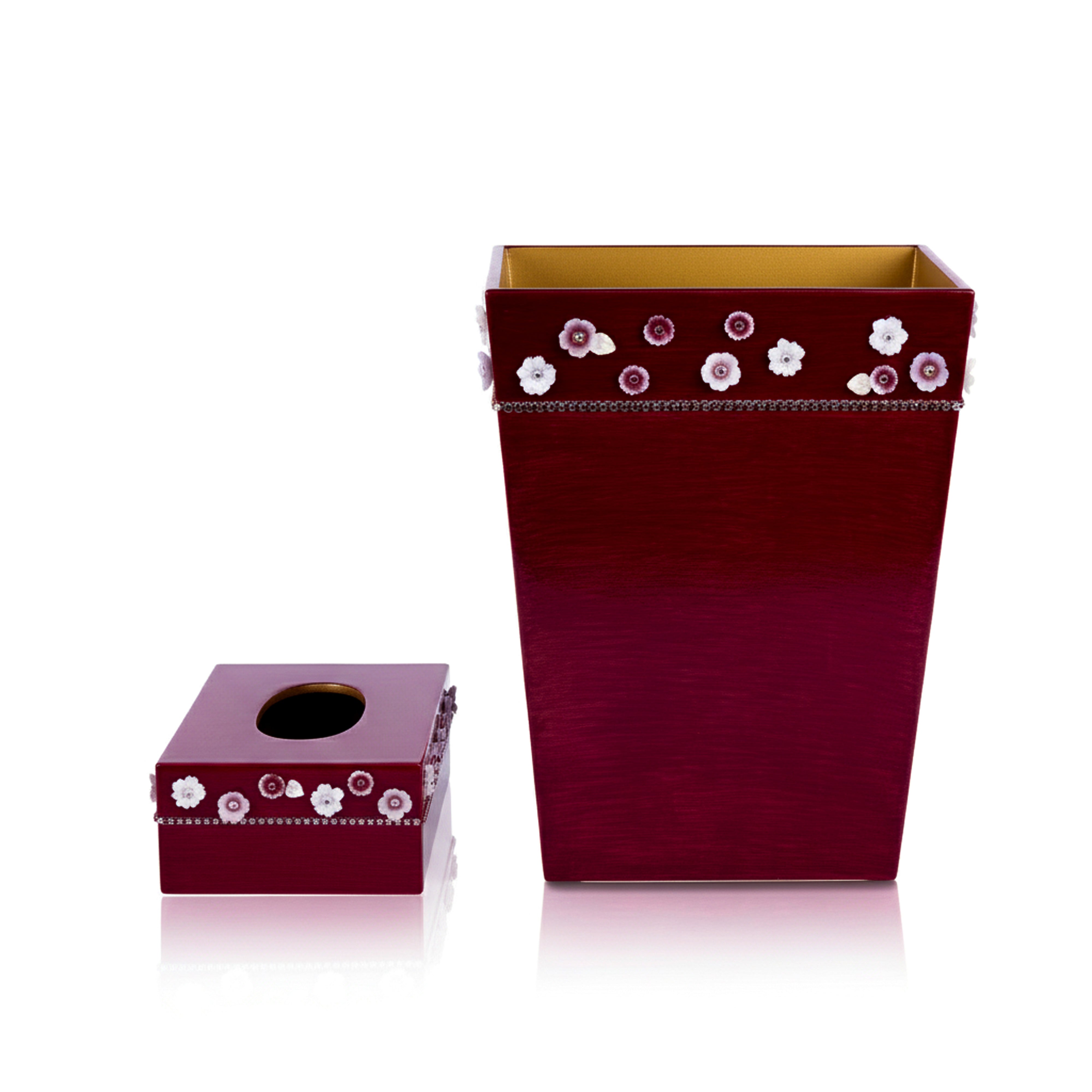 Mike + Ally. A Set of Burgundy Wastebasket & Tissue Box Designed with Flowers