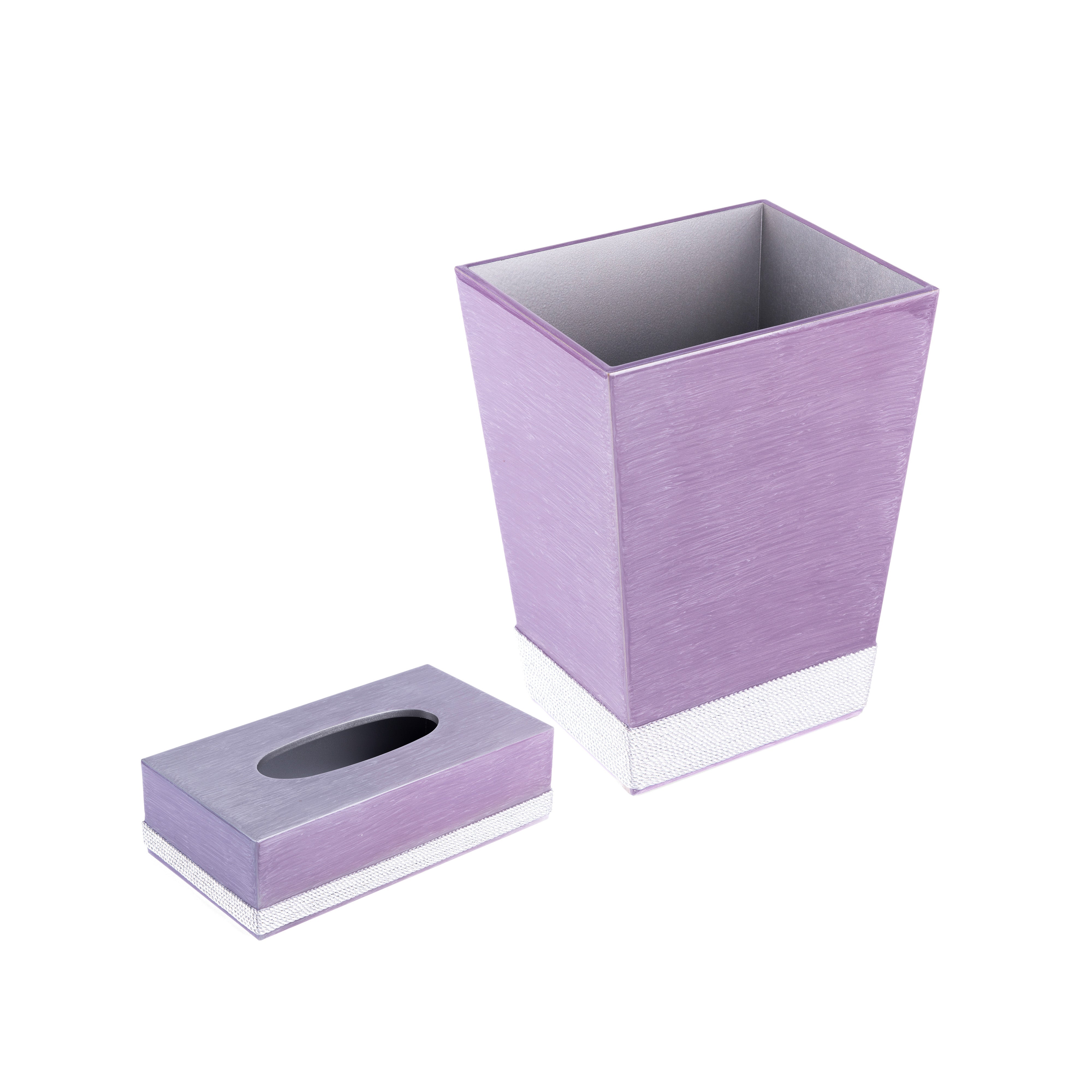 Mike + Ally. A Set of Purple Wastebasket & Tissue Box with Cord Trim