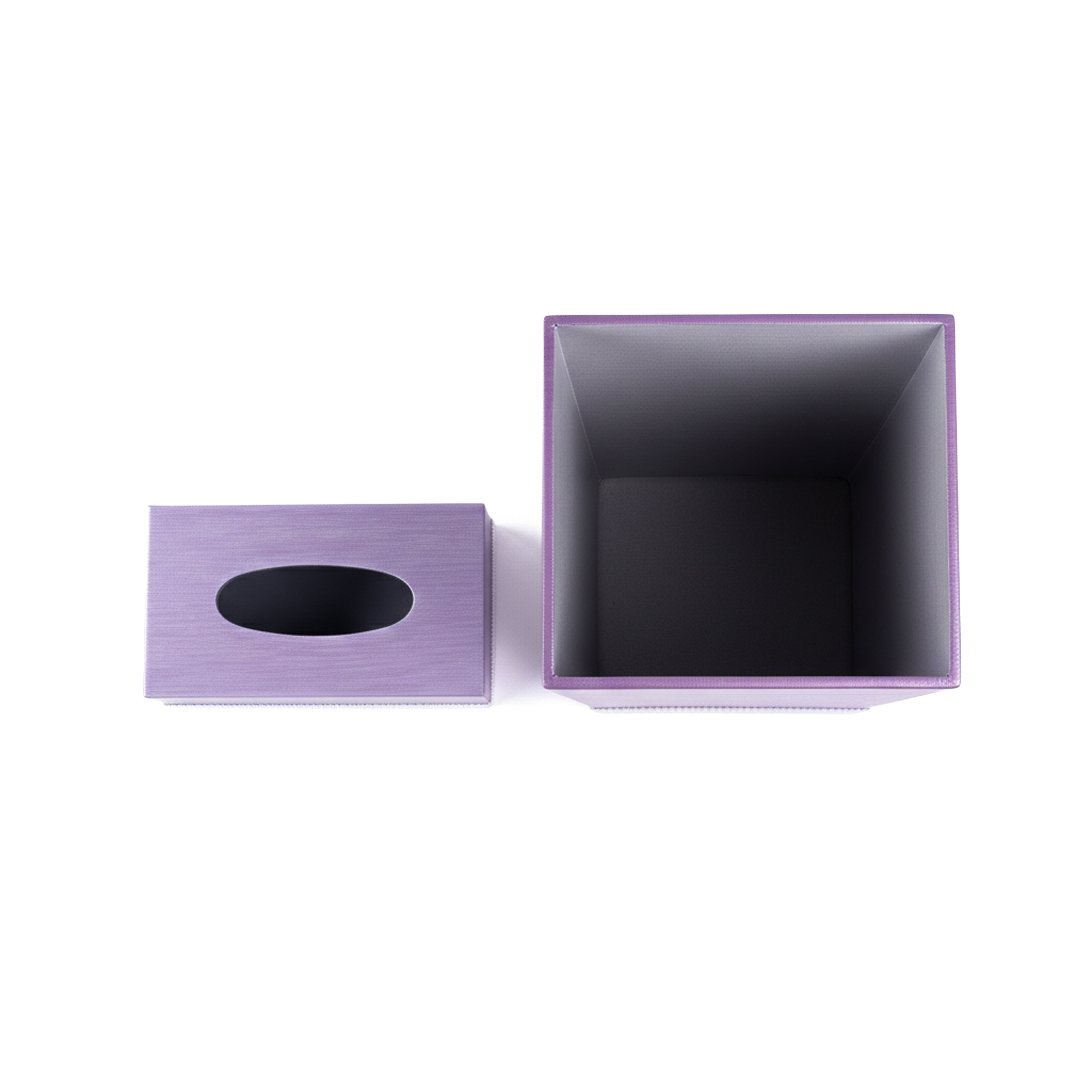 Mike + Ally. A Set of Purple Wastebasket & Tissue Box with Cord Trim