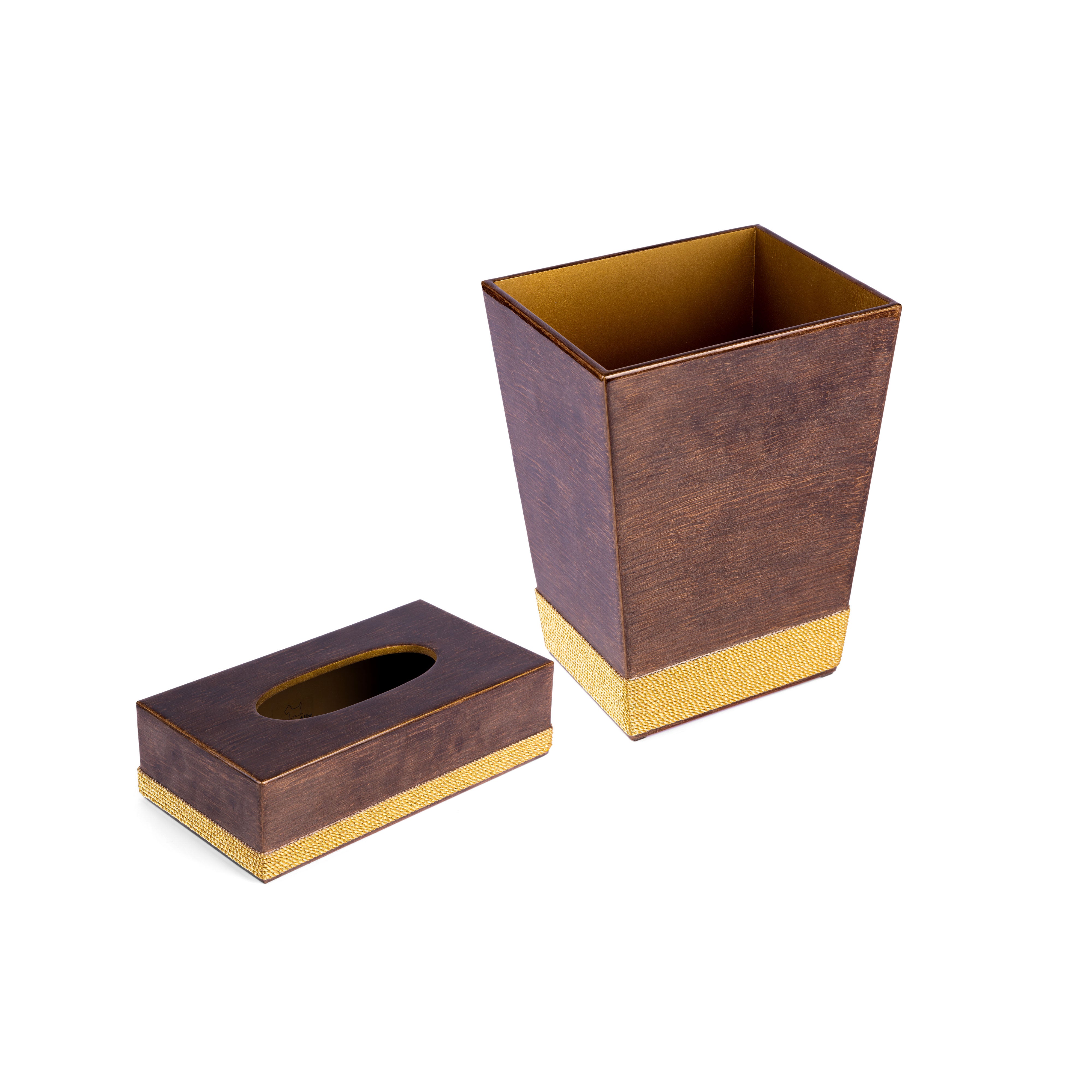 Mike + Ally. A Set of Brown Wastebasket & Tissue Box