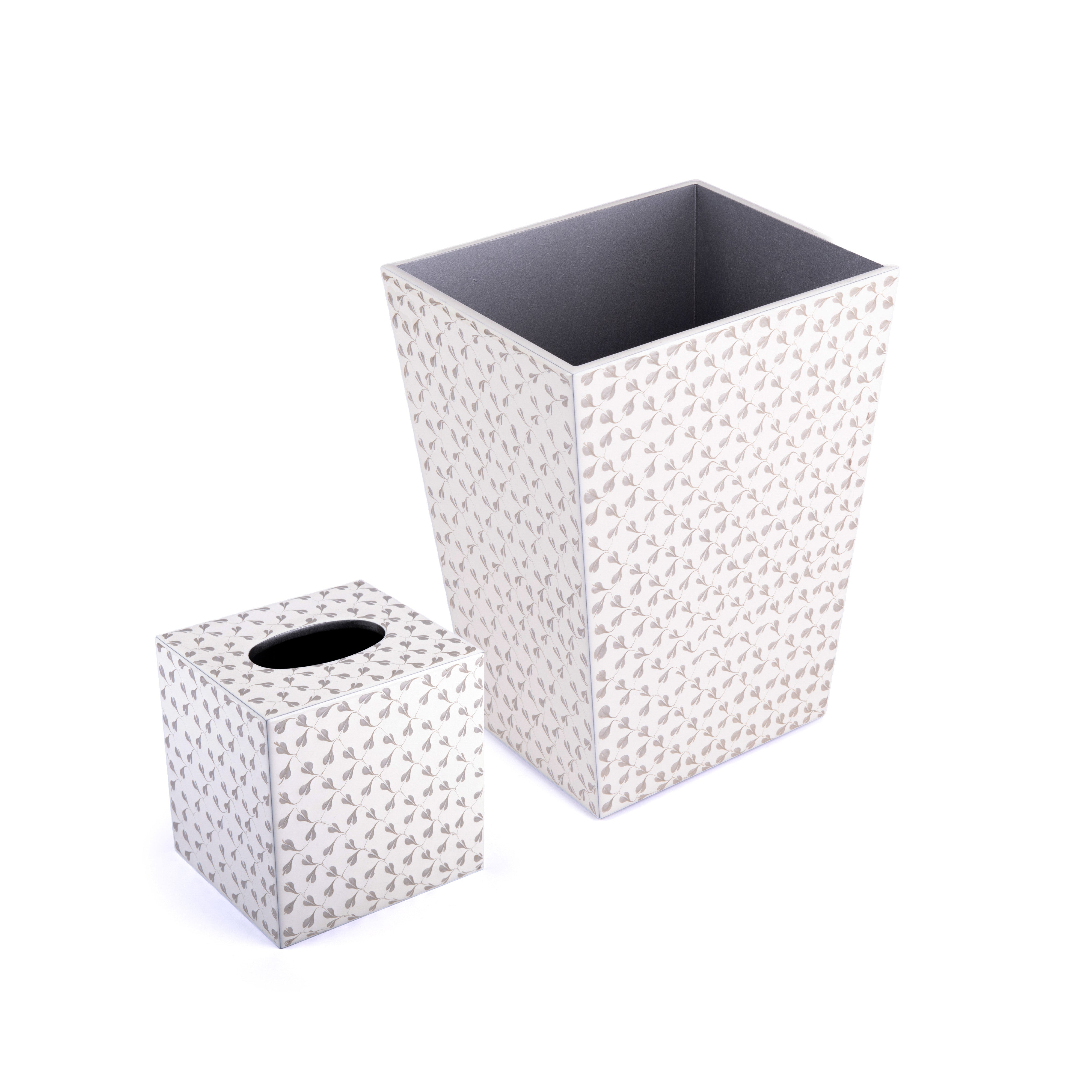 MIKE + ALLY. A SET OF PATTERNED *BEIGE AND WHITE* WASTEBASKET & TISSUE BOX