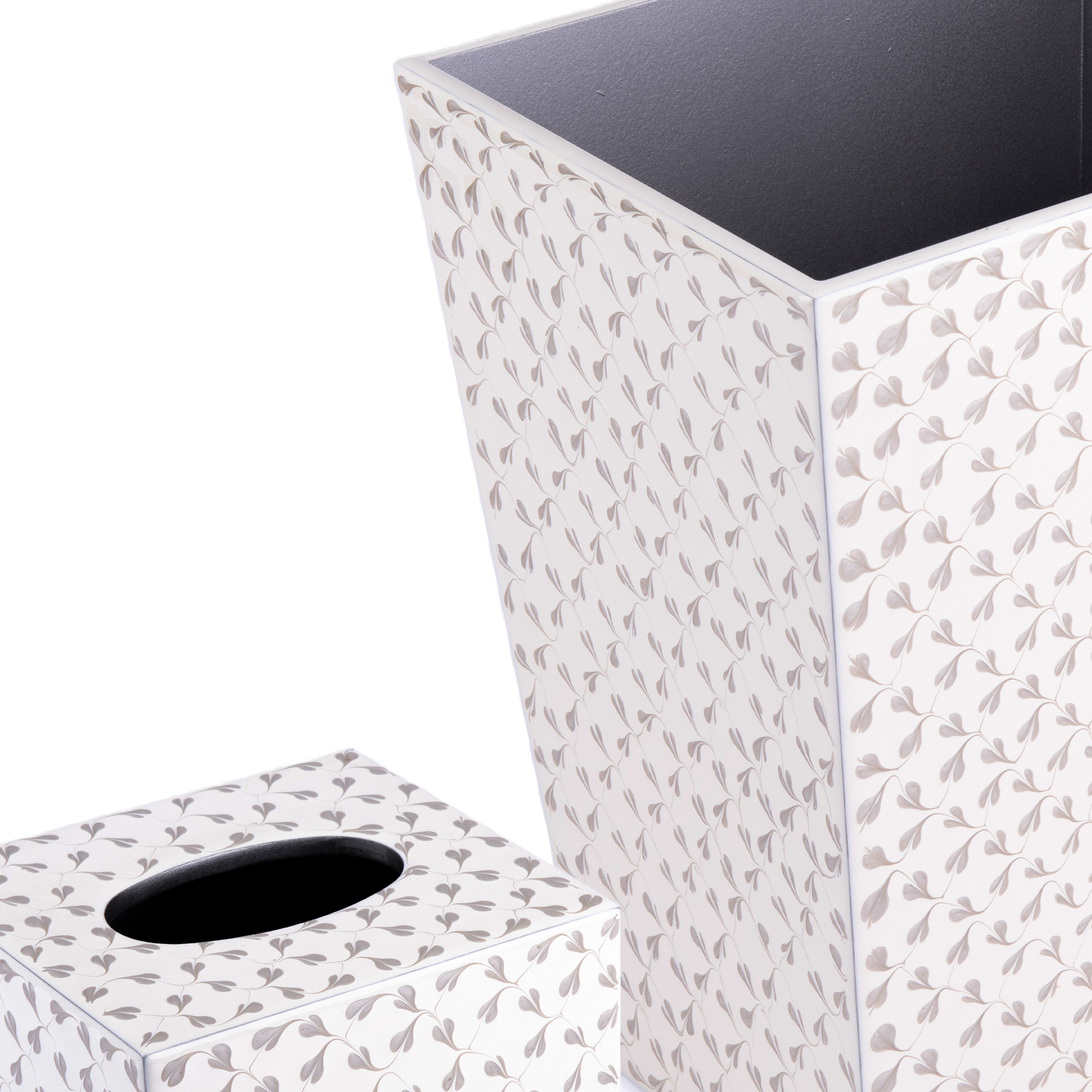 MIKE + ALLY. A SET OF PATTERNED *BEIGE AND WHITE* WASTEBASKET & TISSUE BOX