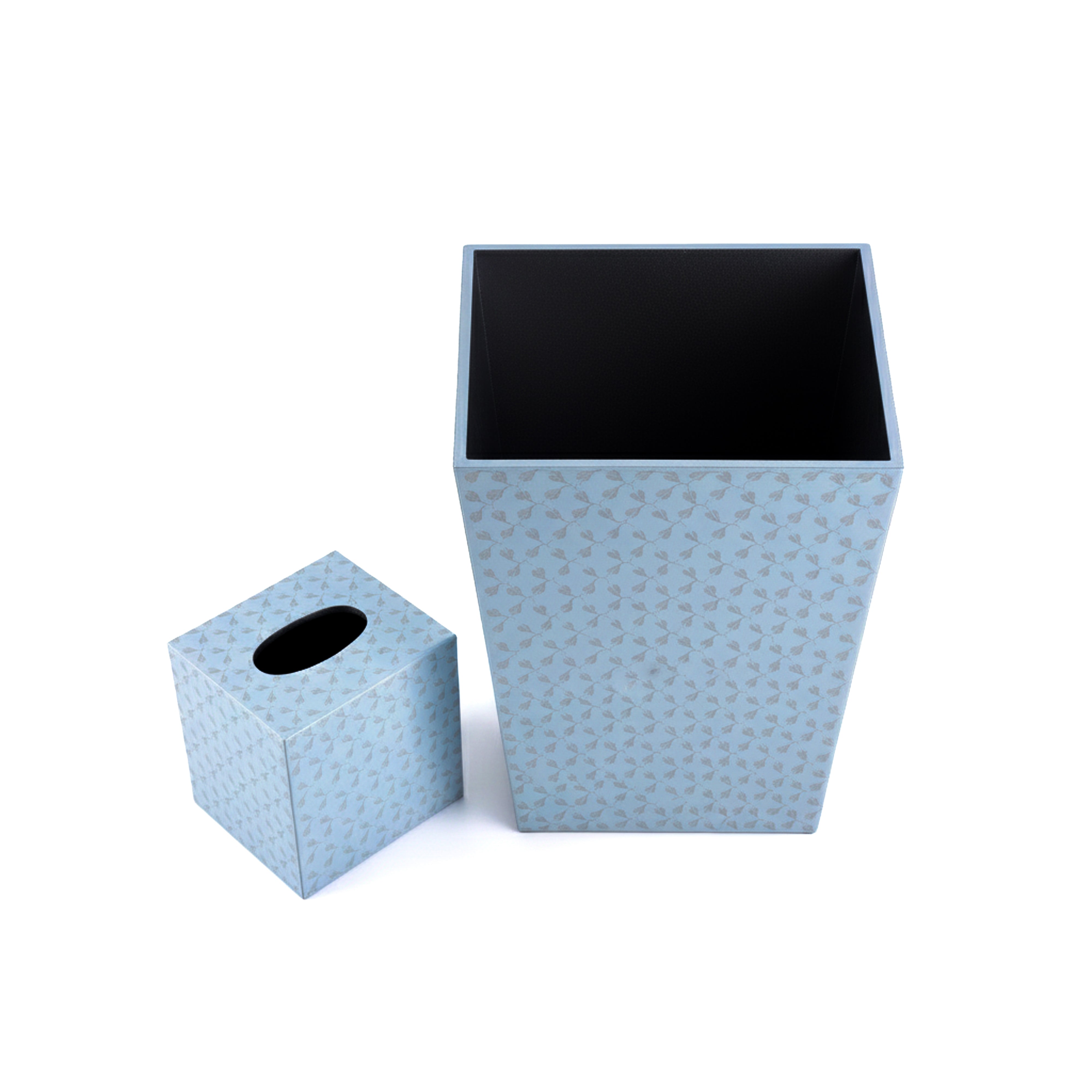 Mike + Ally. A Set of Blue Patterned Wastebasket & Tissue Box