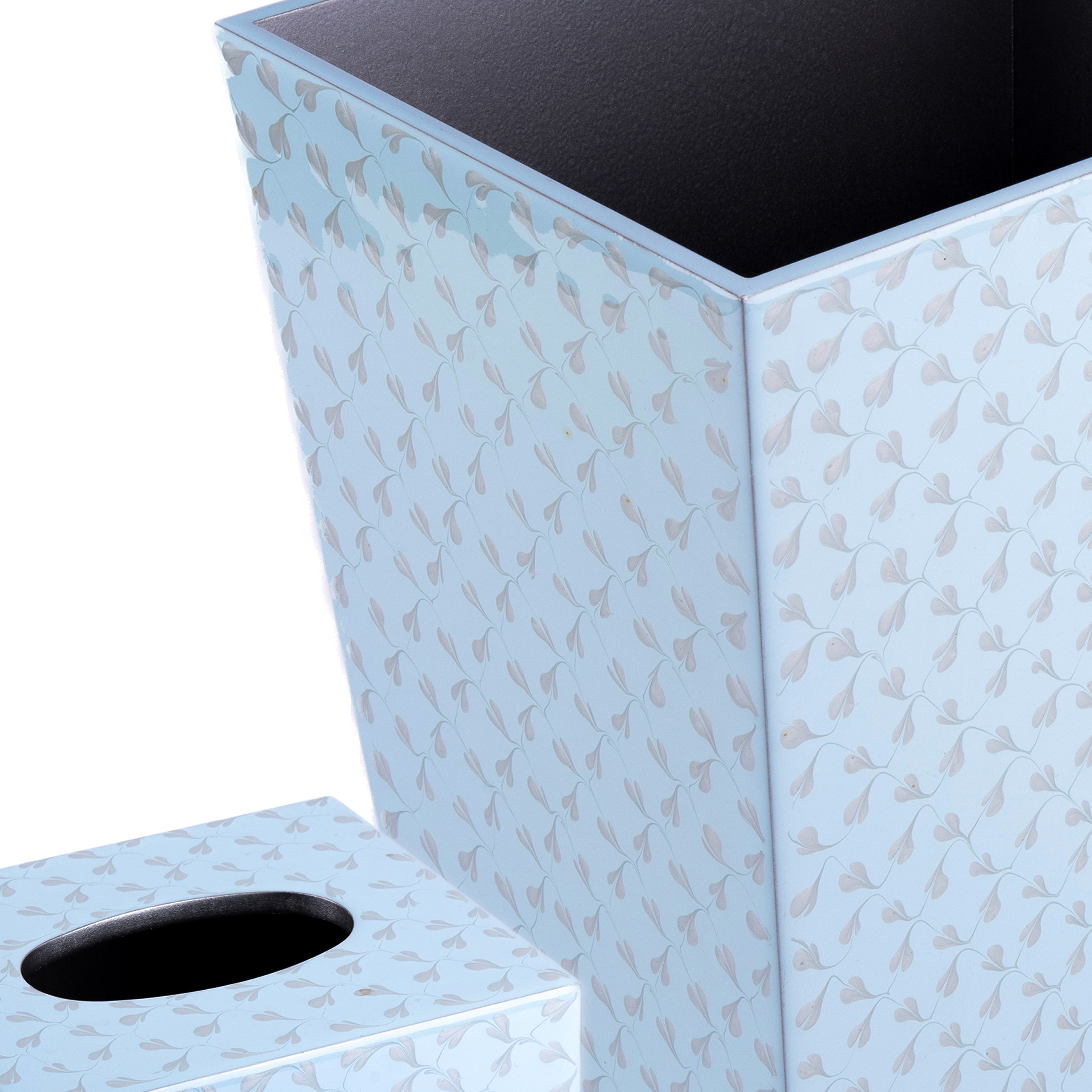 Mike + Ally. A Set of Blue Patterned Wastebasket & Tissue Box