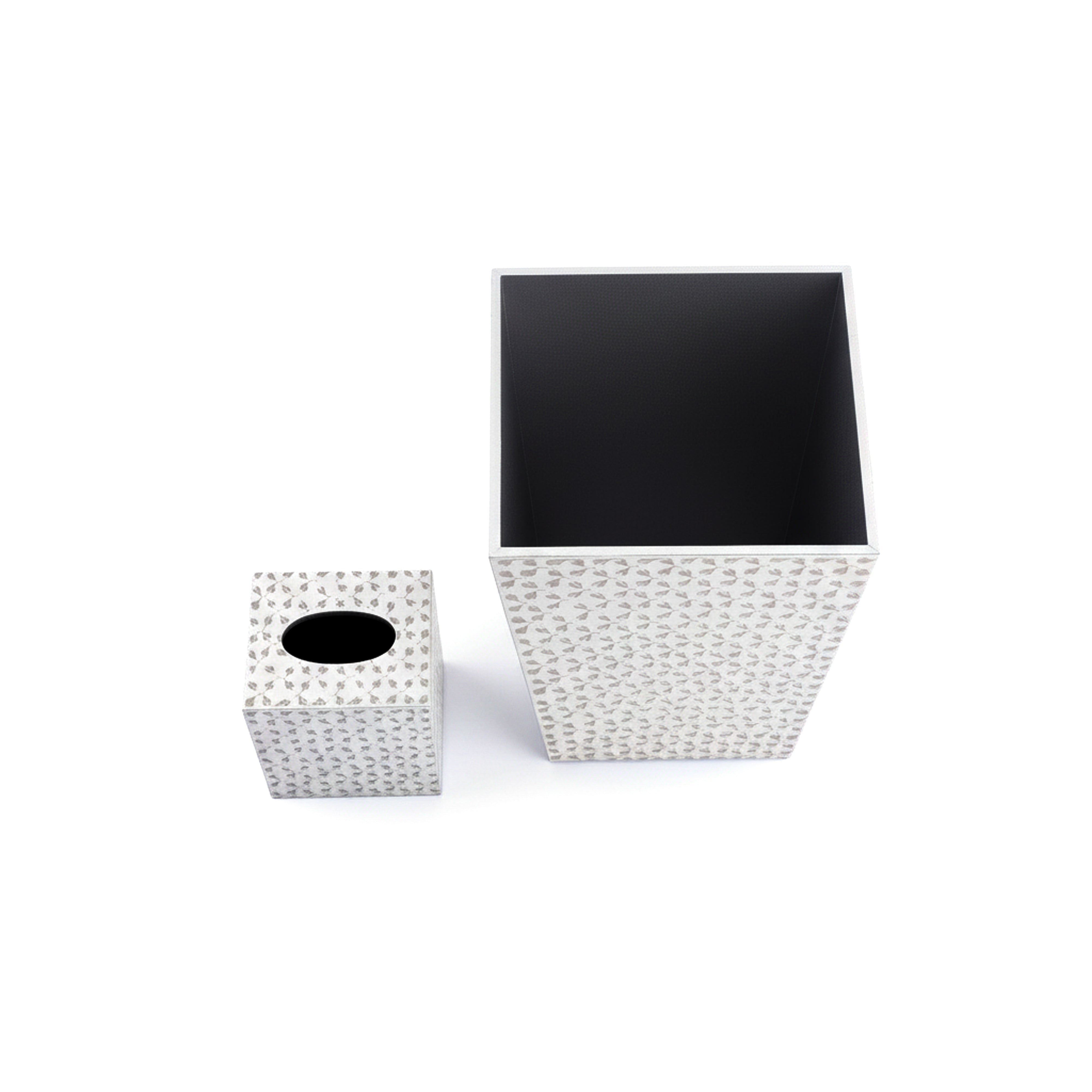 MIKE + ALLY. A SET OF PATTERNED *GREY* WASTEBASKET & TISSUE BOX