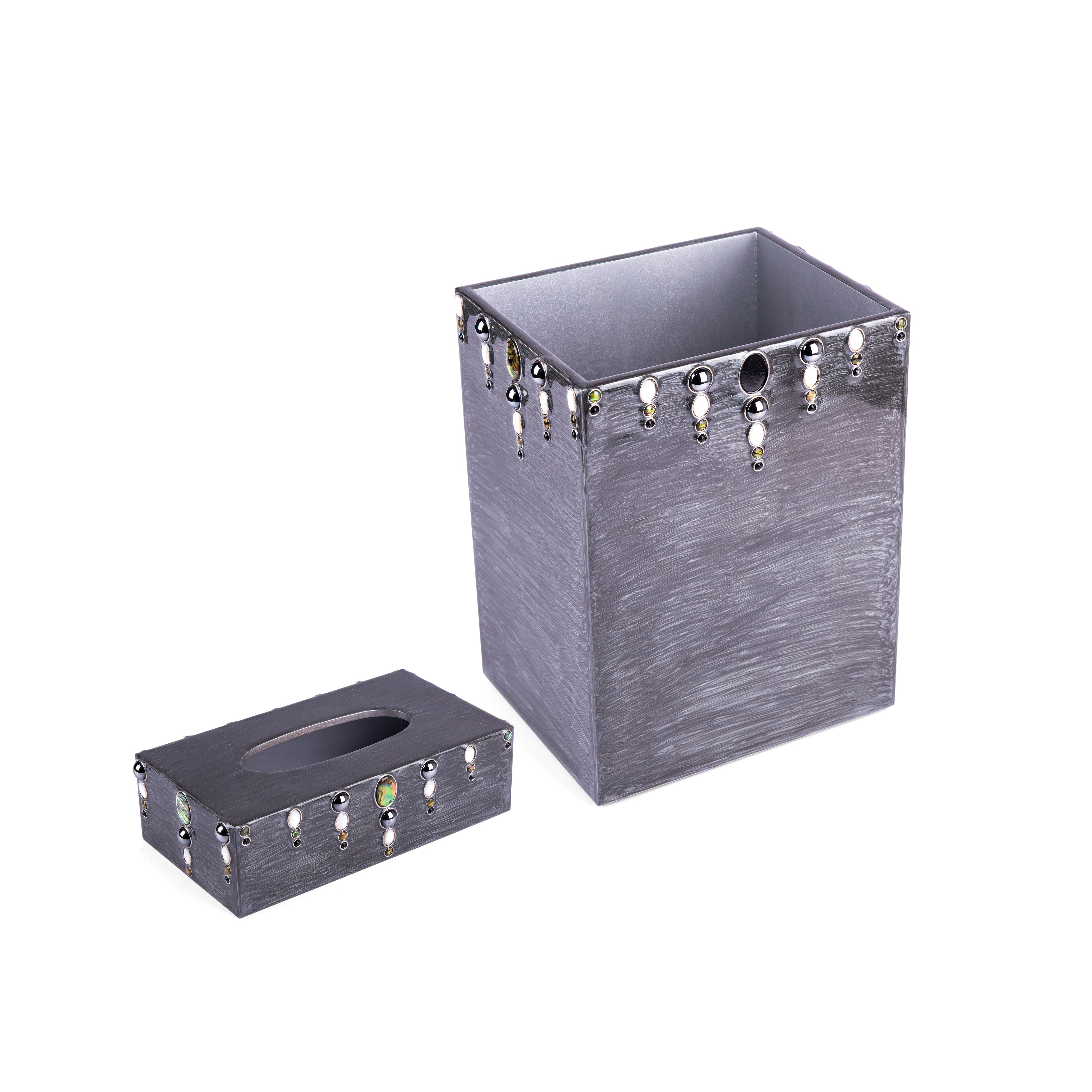 Mike + Ally. A set of Grey Wastebasket & Tissue Box Studded with Stones