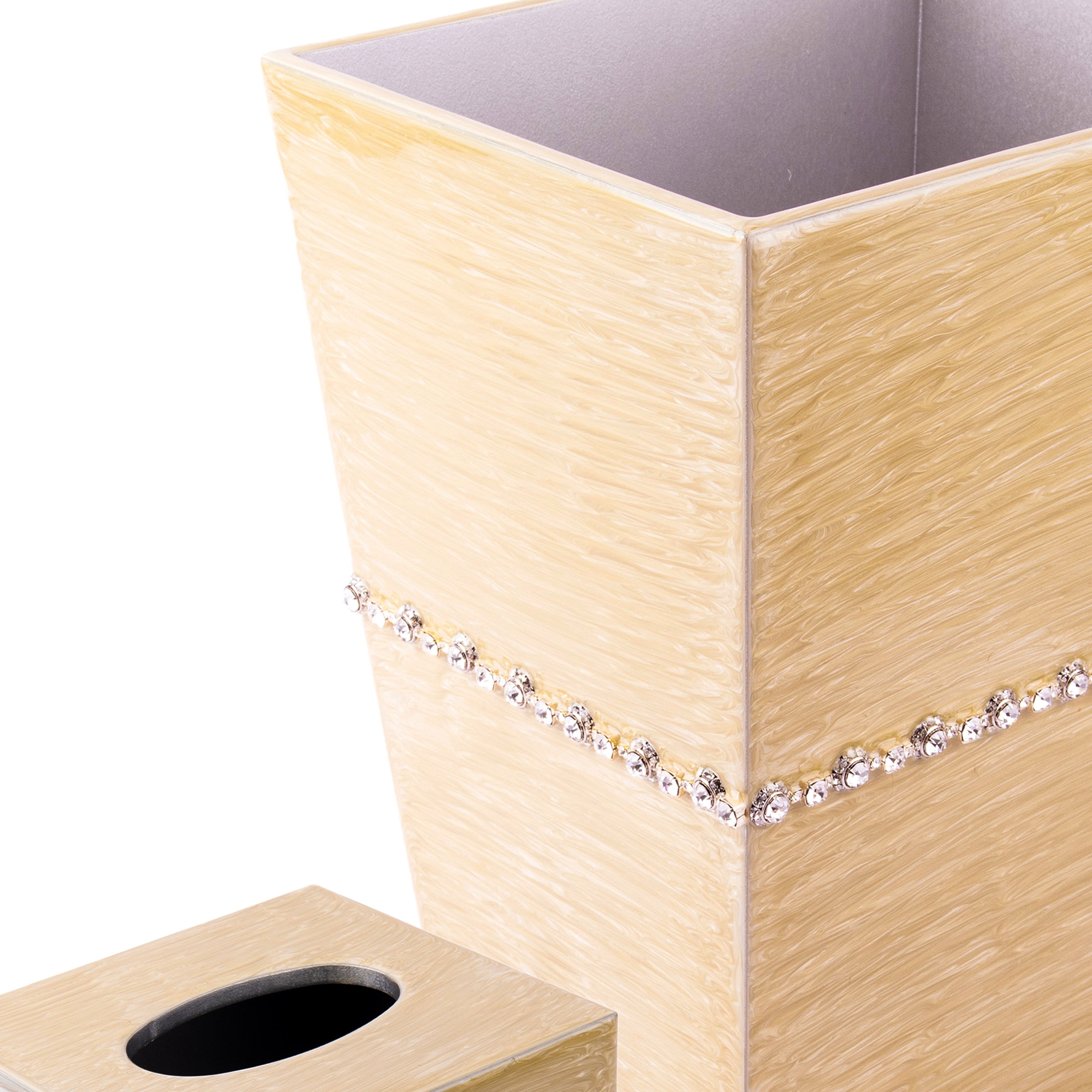 Mike + Ally. A Set of Beige Wastebasket & Tissue Box with Crystal Trim