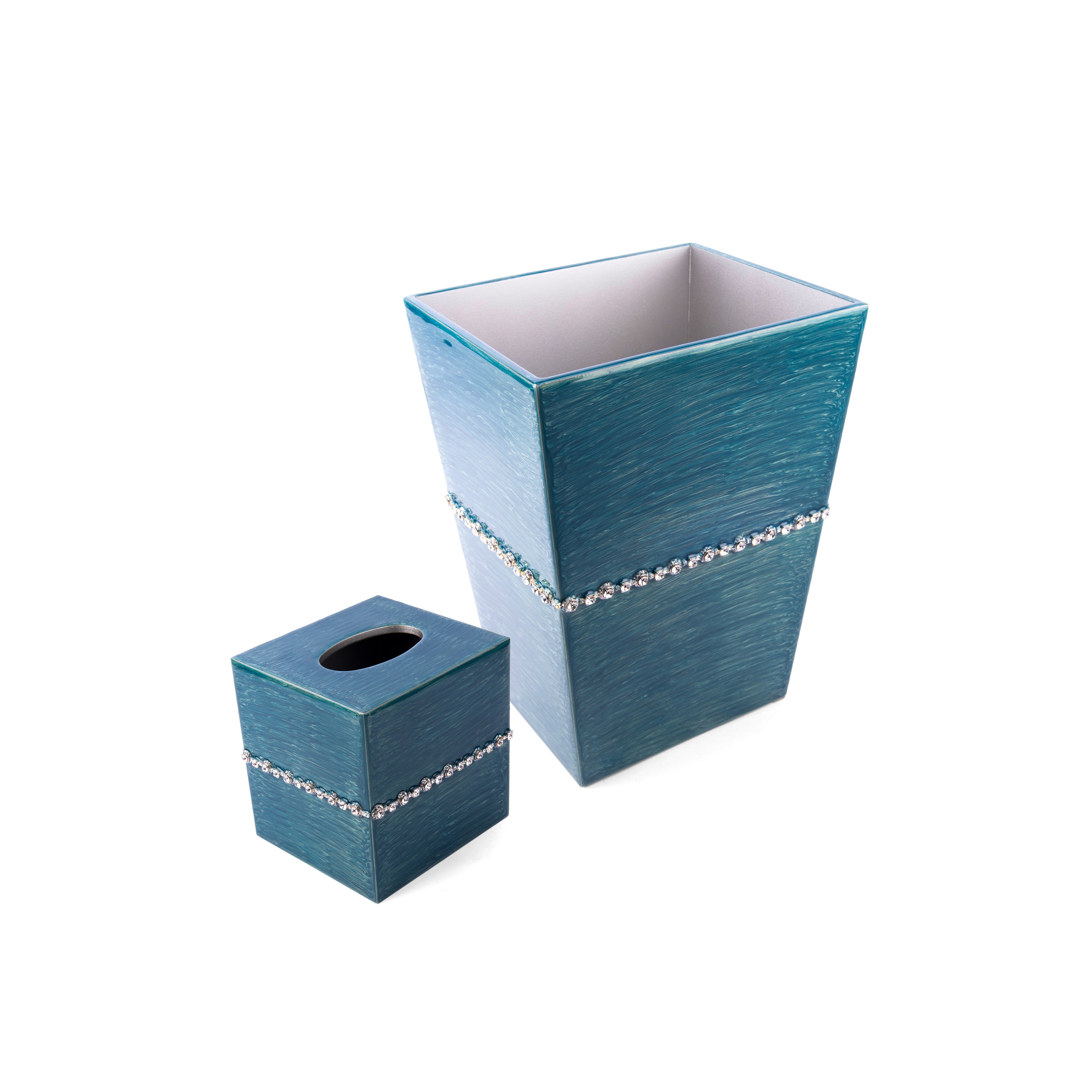 Mike + Ally. A Set of Turquoise Blue Wastebasket & Tissue Box with Austrian Crystals Trim