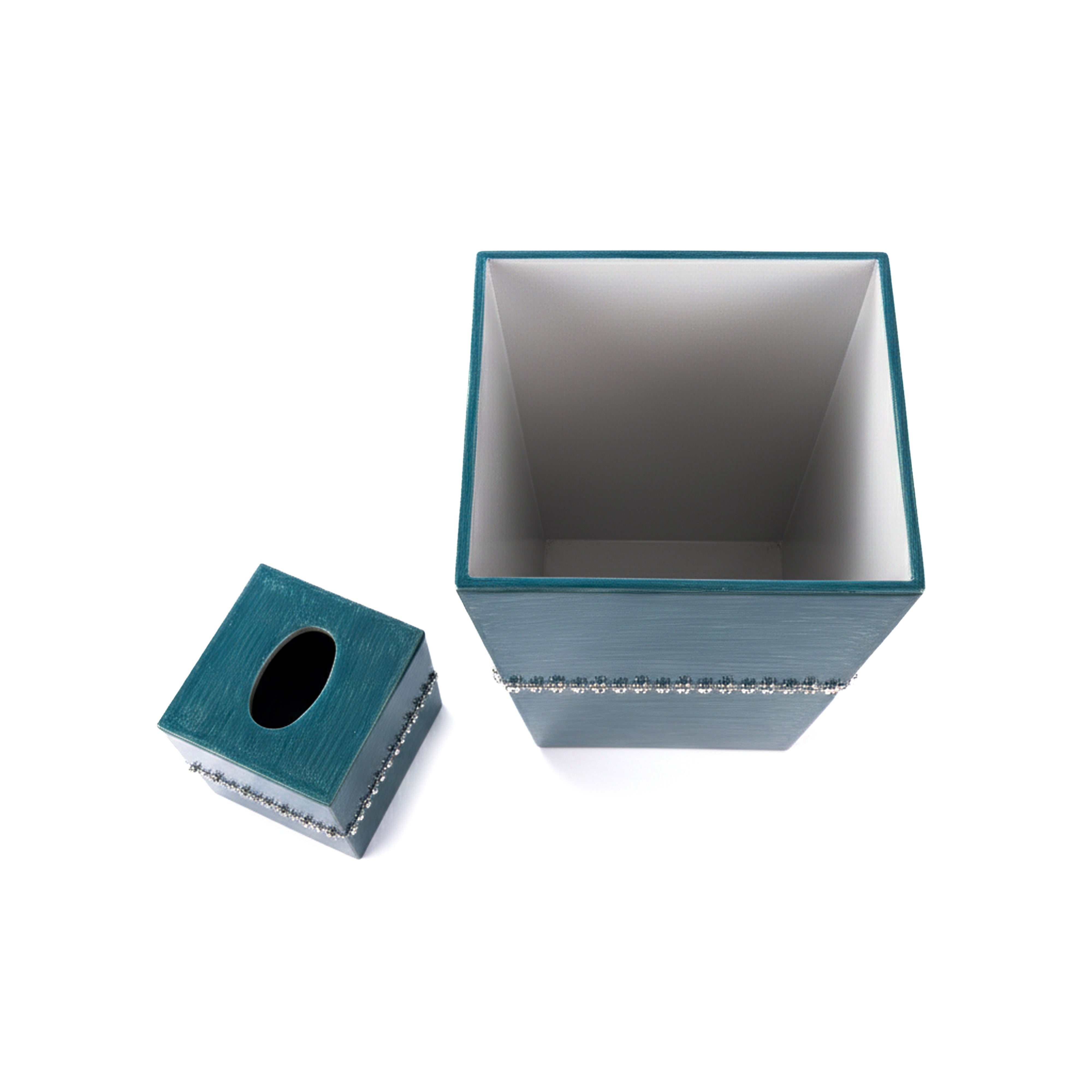 Mike + Ally. A Set of Turquoise Blue Wastebasket & Tissue Box with Austrian Crystals Trim