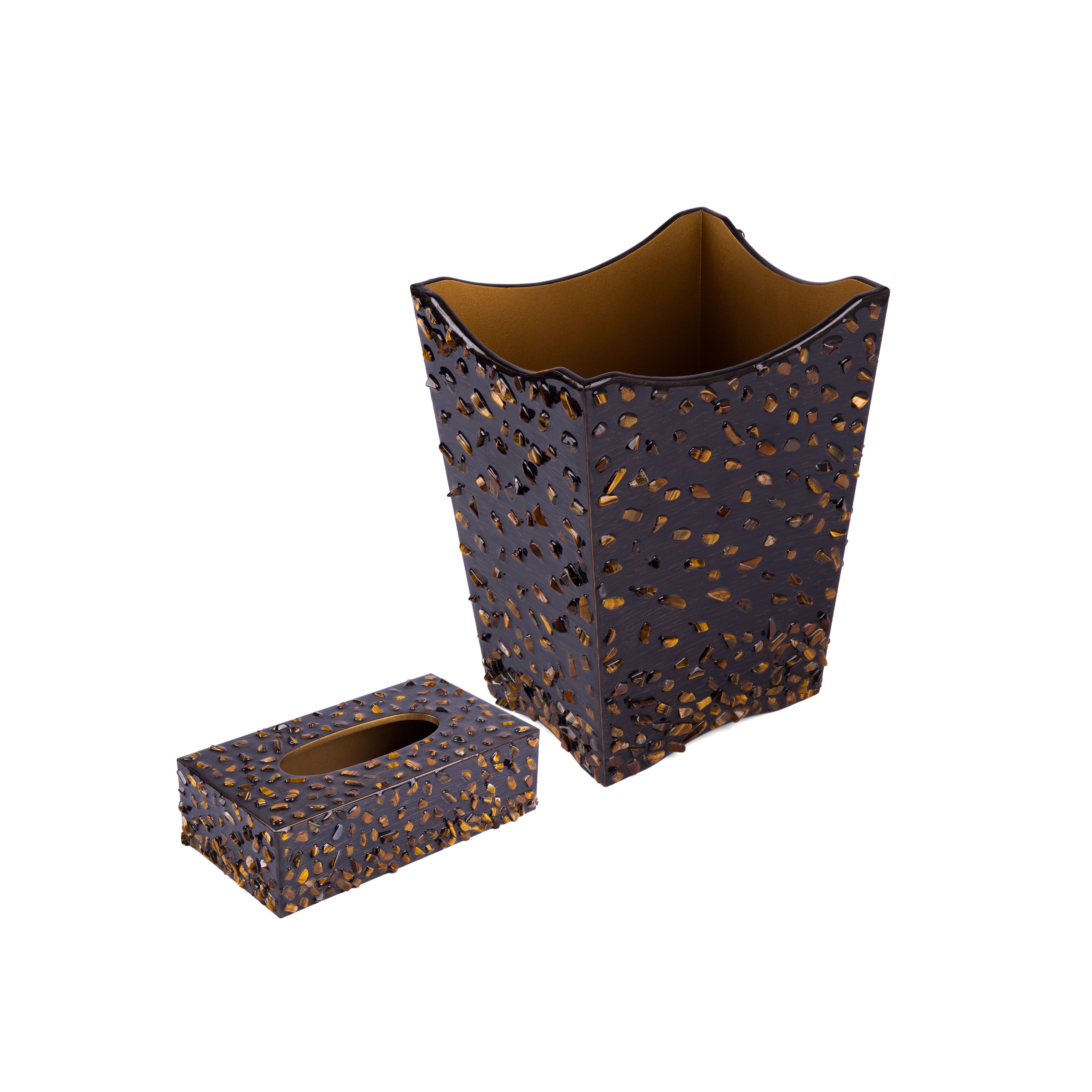 Mike + Ally. A Set of Brown Wastebasket & Tissue Box Studded with Stones