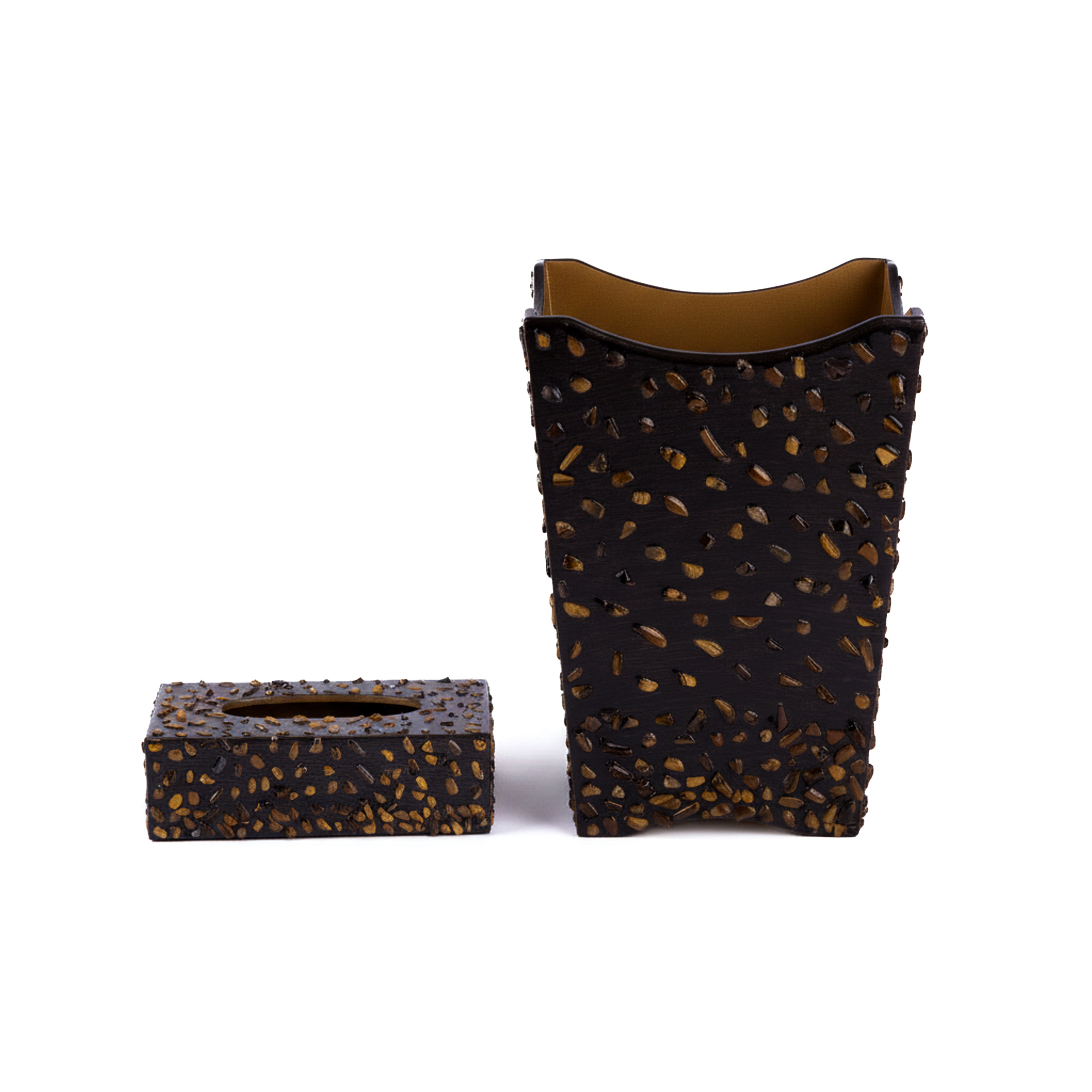 Mike + Ally. A Set of Brown Wastebasket & Tissue Box Studded with Stones