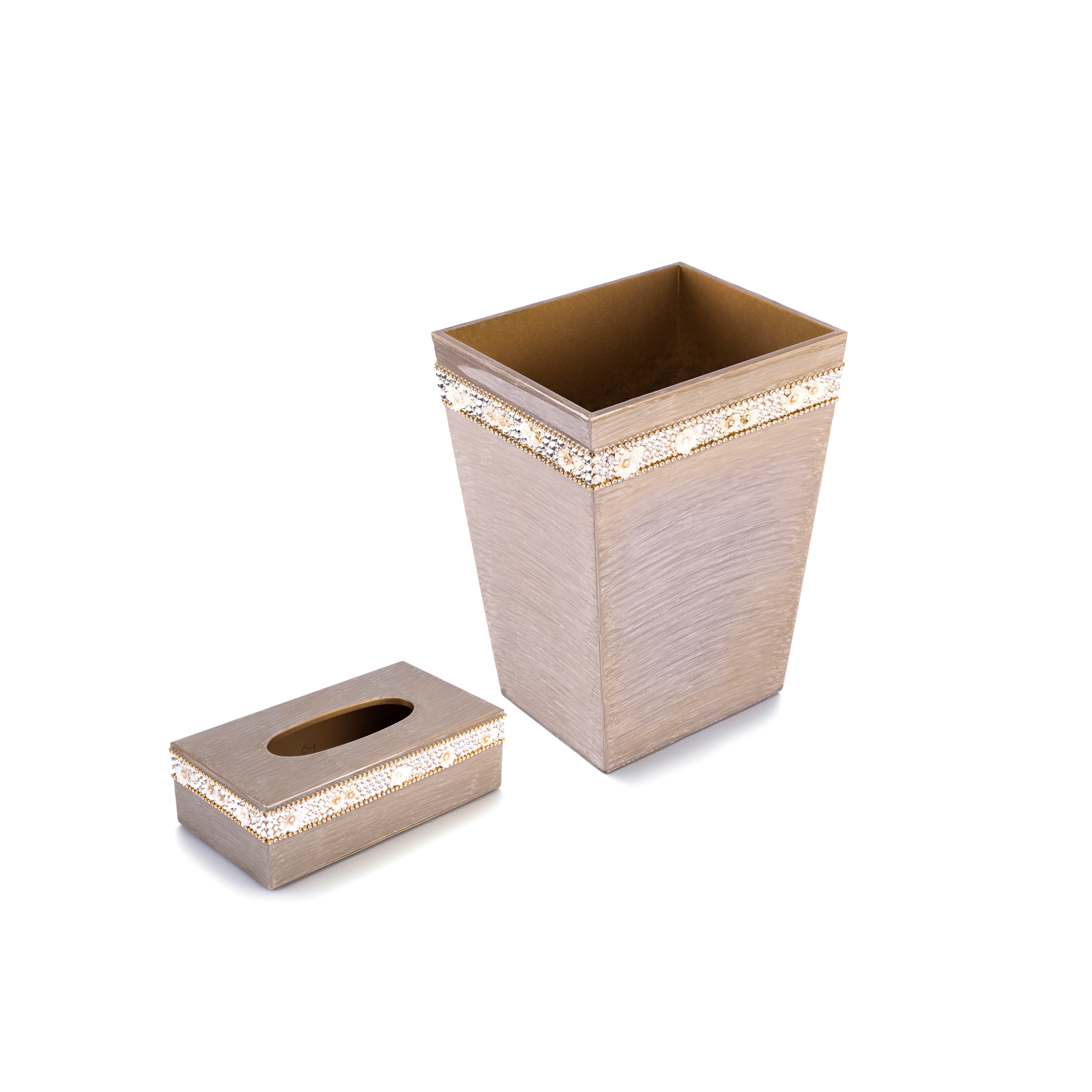 Mike + Ally. A Set of Beige Wastebasket & Tissue Box with Crystal Trim