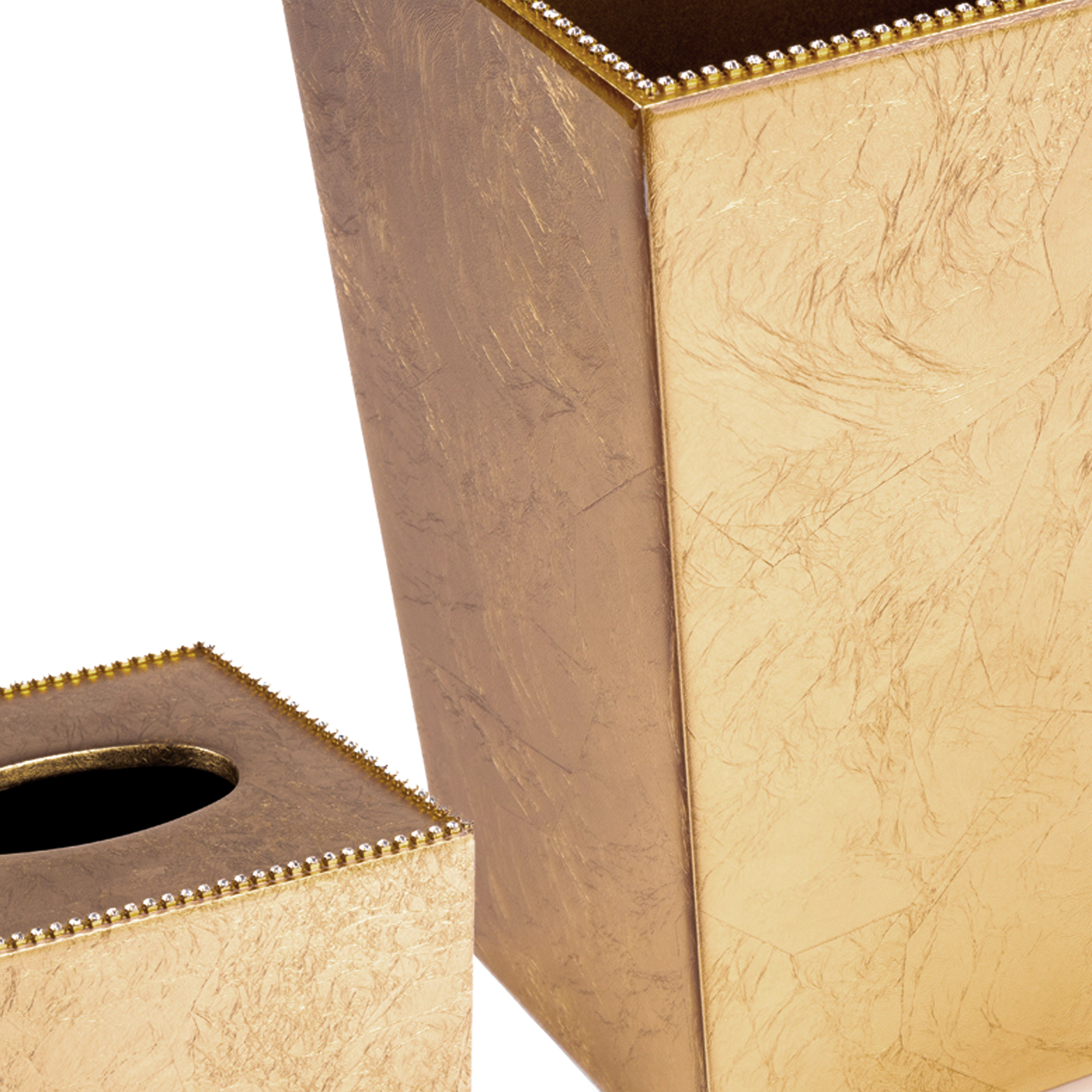 Mike + Ally. A Set of Gold Wastebasket & Tissue with Crystal Trim