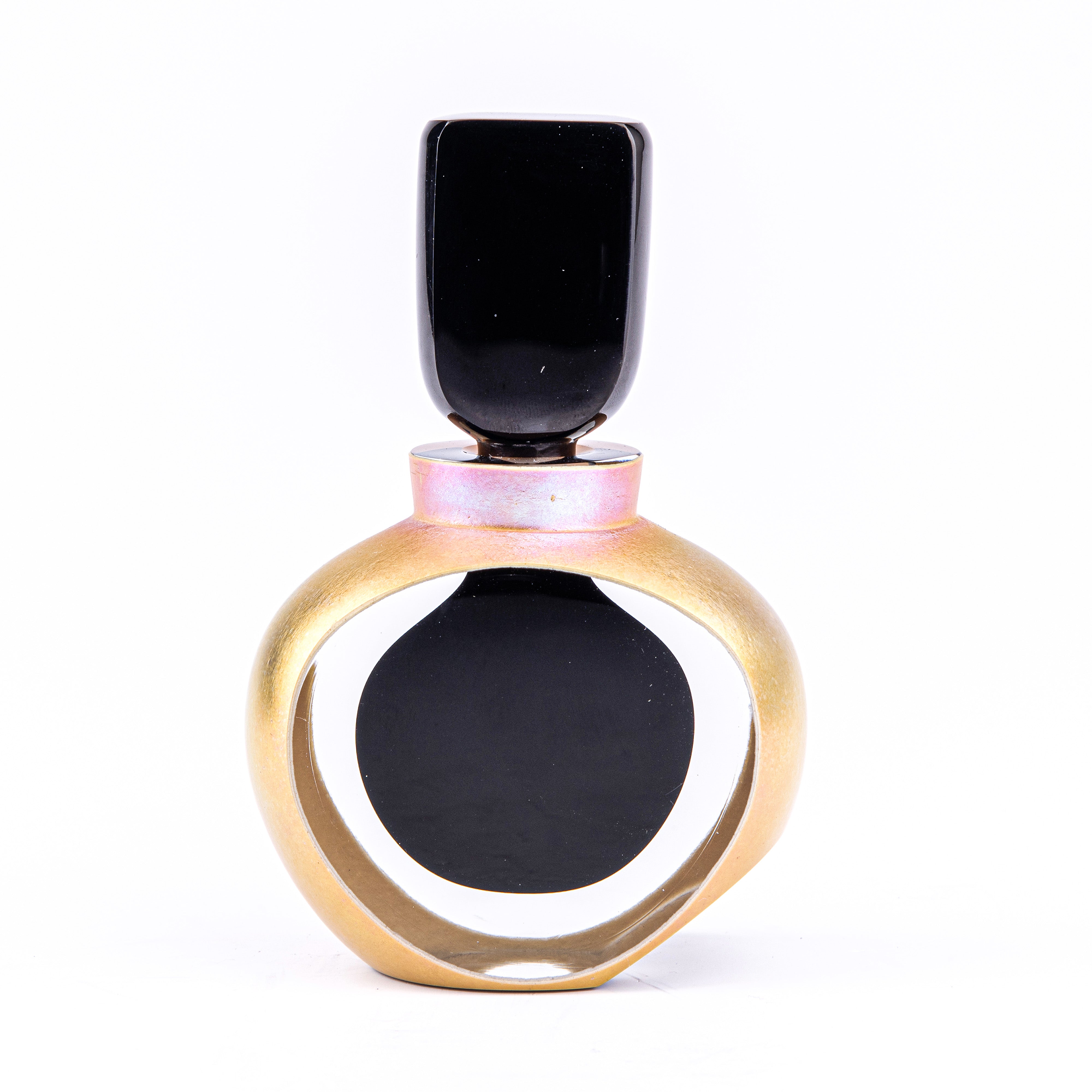 Correia Art Glass. Black & Gold Crystal Perfume Bottle. 35 ML