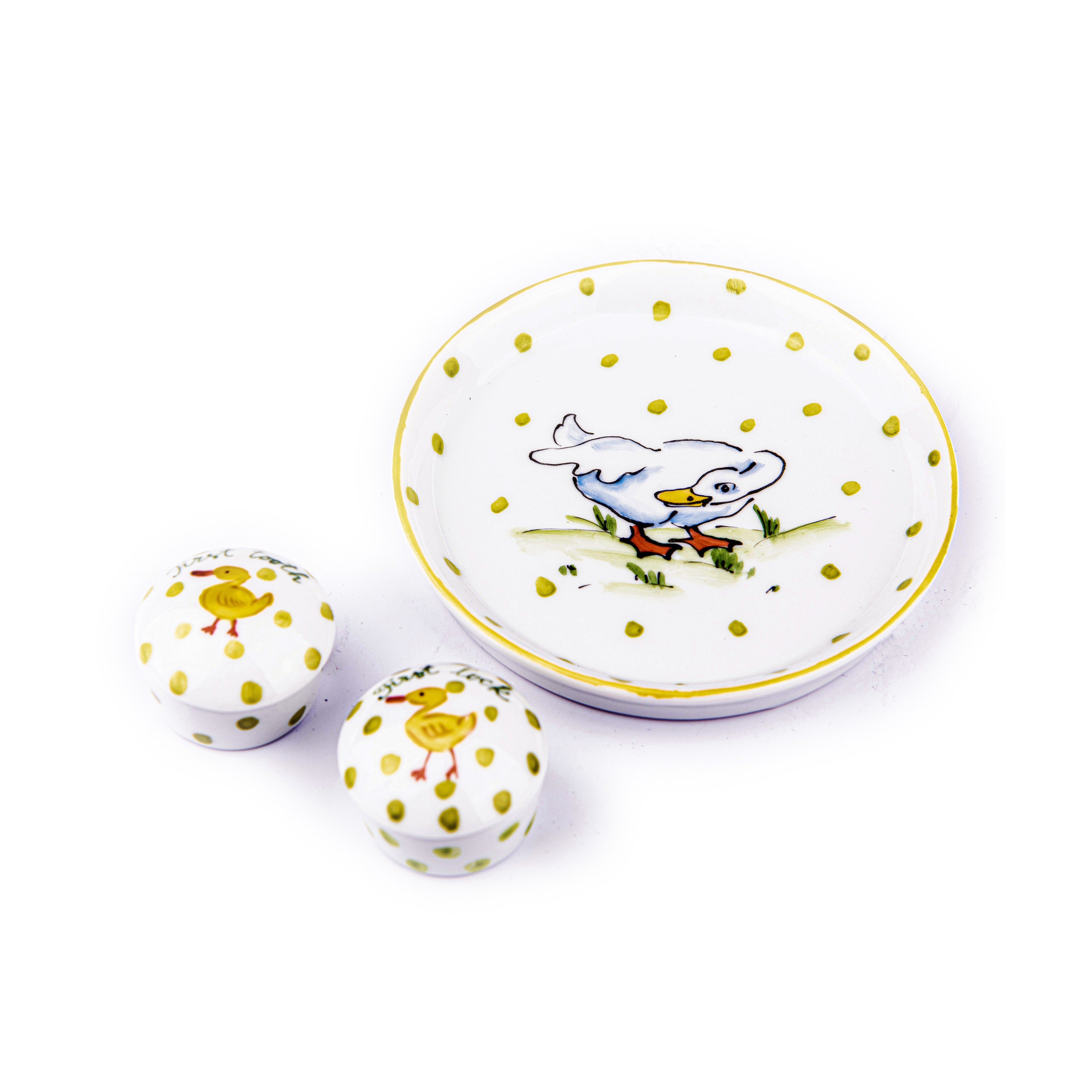 Ann Marie Murray. A set of Porcelain First Tooth & Hair Lock Boxes in Duck Design