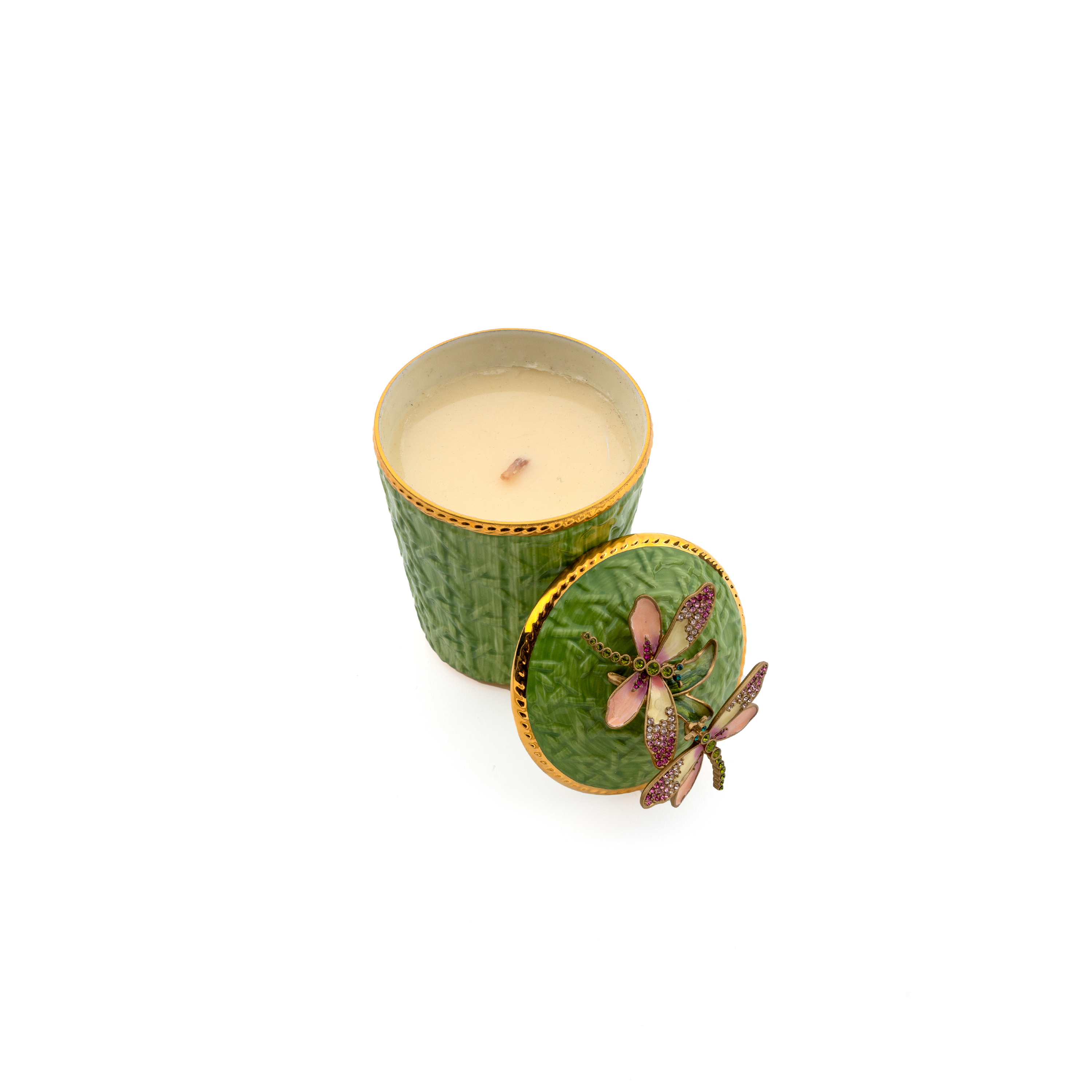 Jay Strongwater. Green Gilded Dragonfly Scented Candle Studded with Swarovski