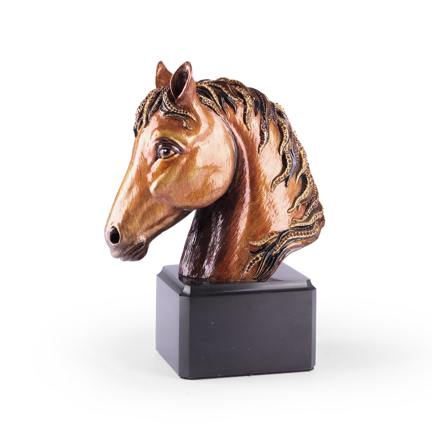 Jay Strongwater. Gilded Horse Head Figurine Sitting on Marble Stand Studded with Swarovski