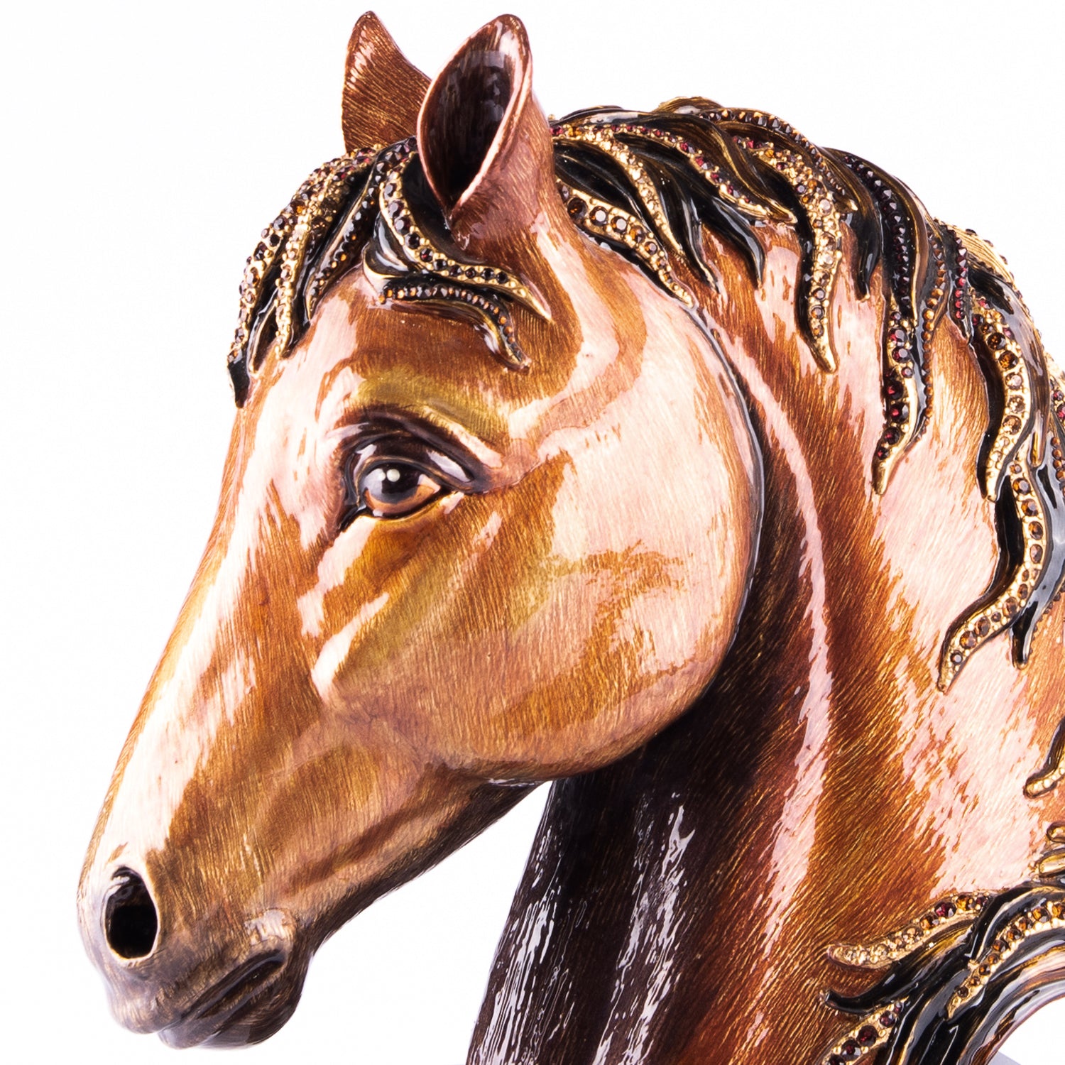 Jay Strongwater. Gilded Horse Head Figurine Sitting on Marble Stand Studded with Swarovski