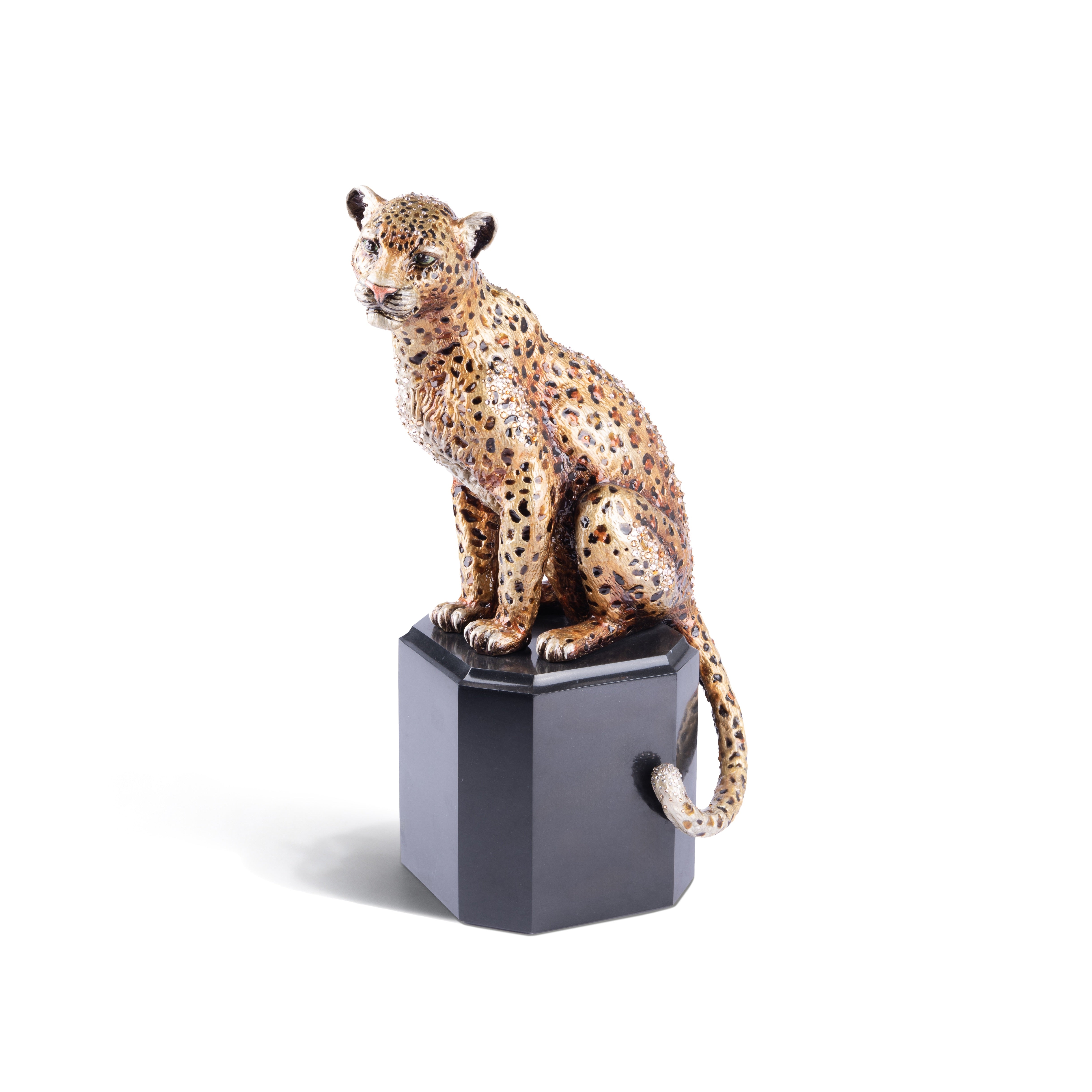 Jay Strongwater. Leopard Figurine Sitting on Marble Stand Studded with Swarovski. Limited Edition