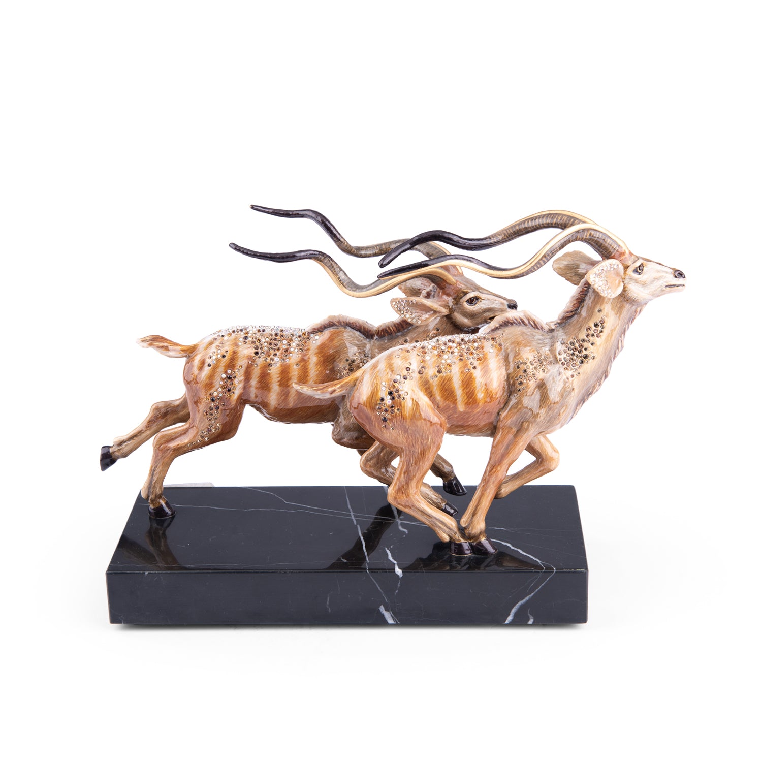 Jay Strongwater. Jewelled Gazelles Figurine on a Marble Base Studded with Swarovski