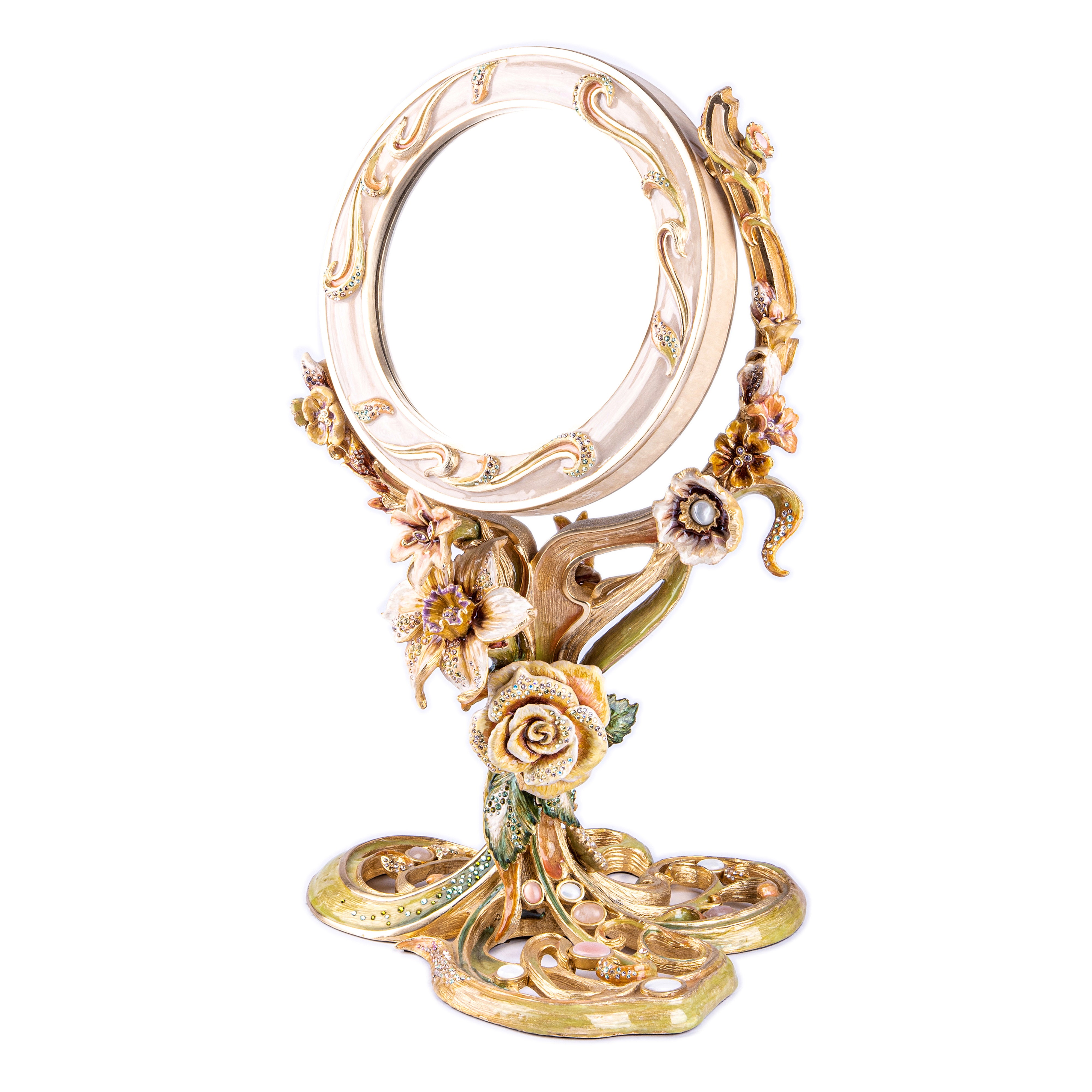 Jay Strongwater. Allyson Floral Standing Mirror, Gilded and Studded with Swarovski