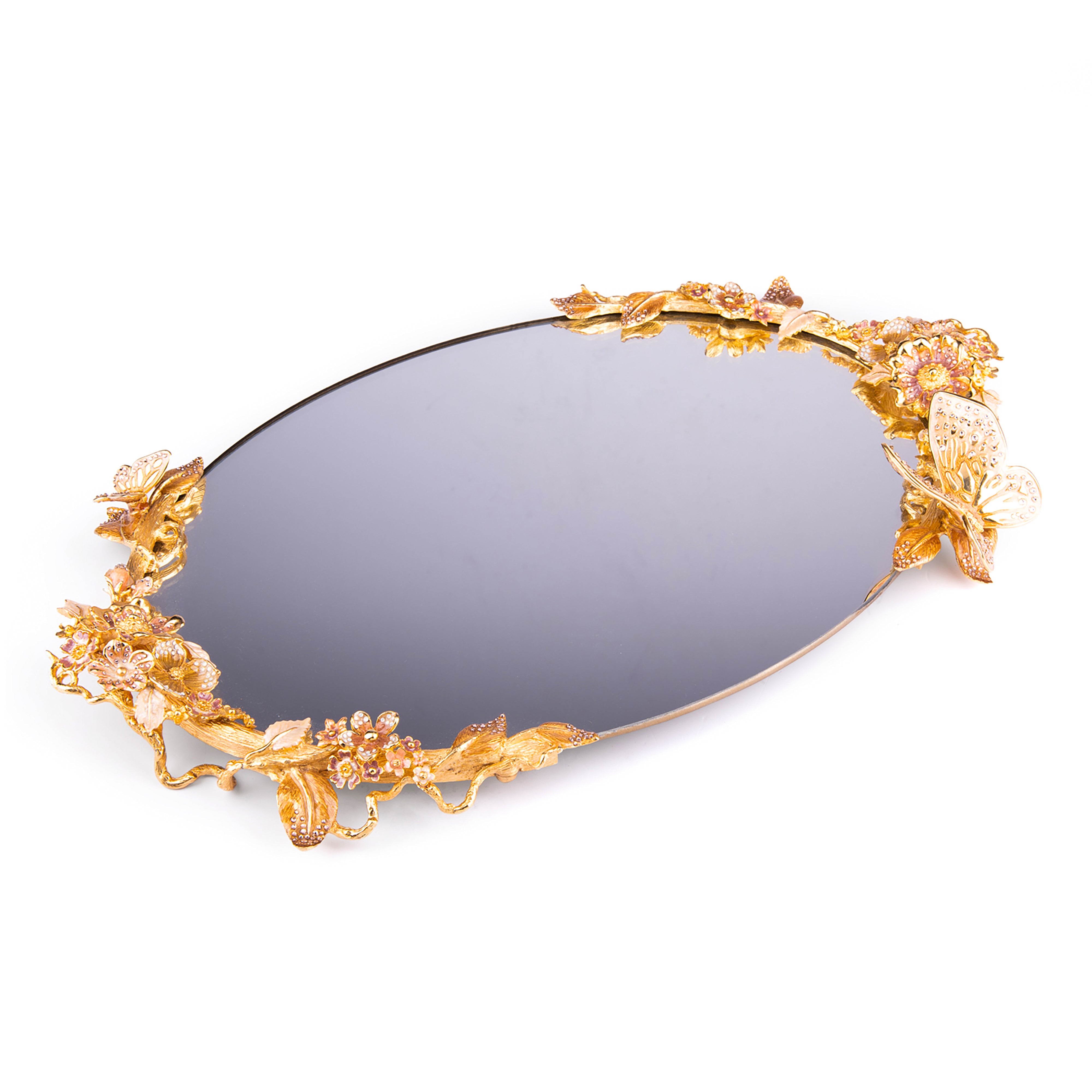 Jay Strongwater. Gilded Tray With Floral Handles Studded with Swarovski