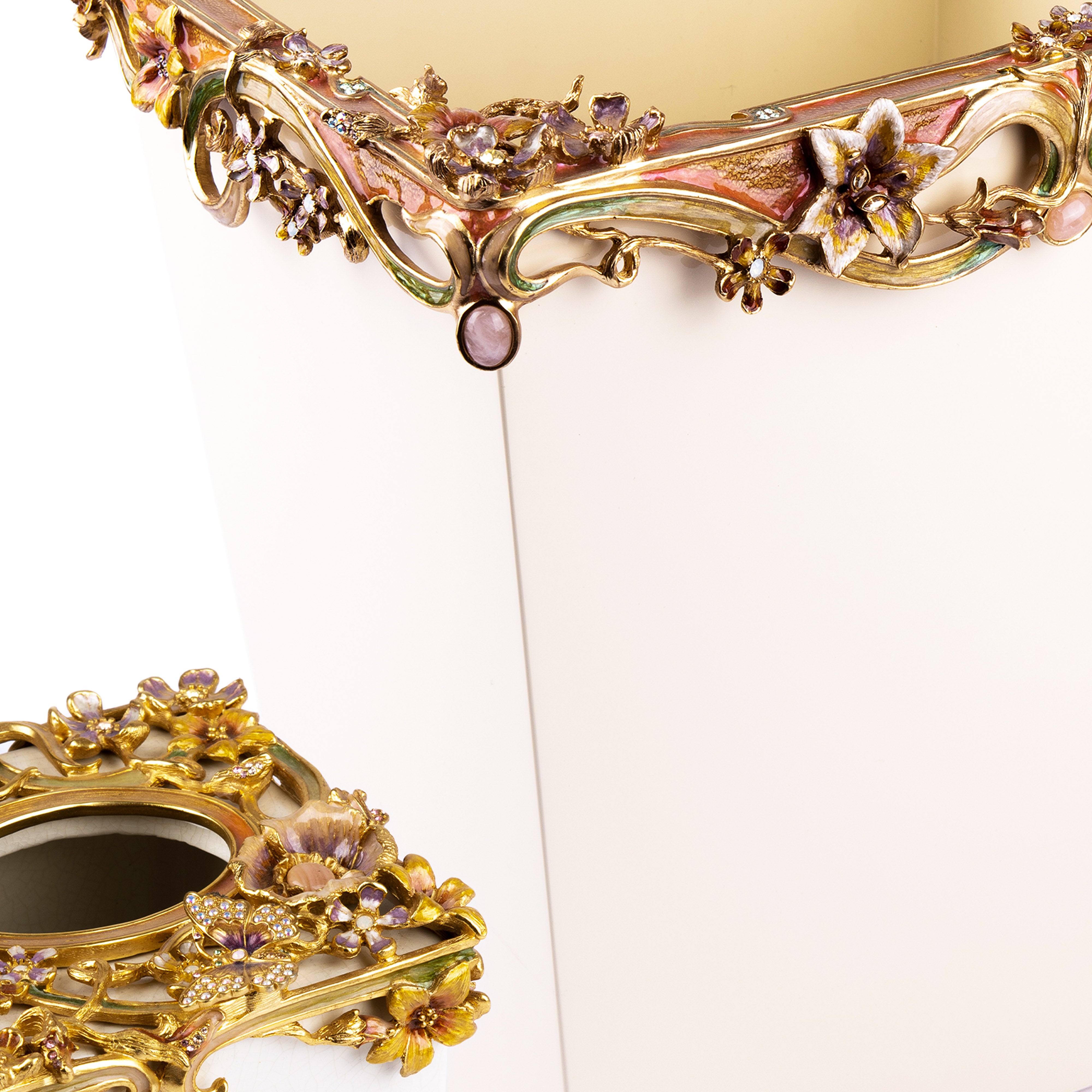 Jay Strongwater. A Set of "Devon" Floral Scroll Tissue Box & Waste Basket