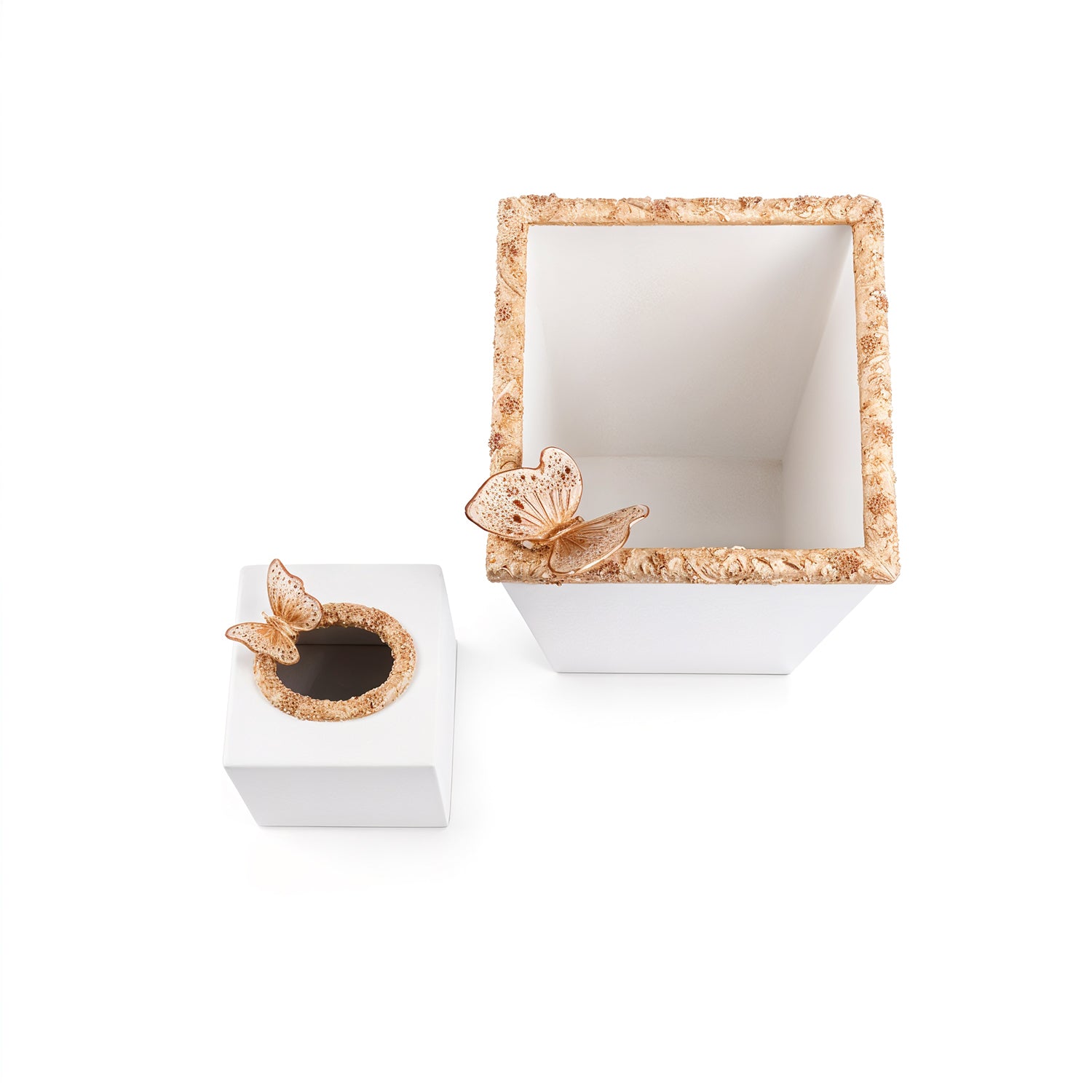 jay strongwater. farah butterfly & floral set of wastebasket & tissue box studded with swarovski